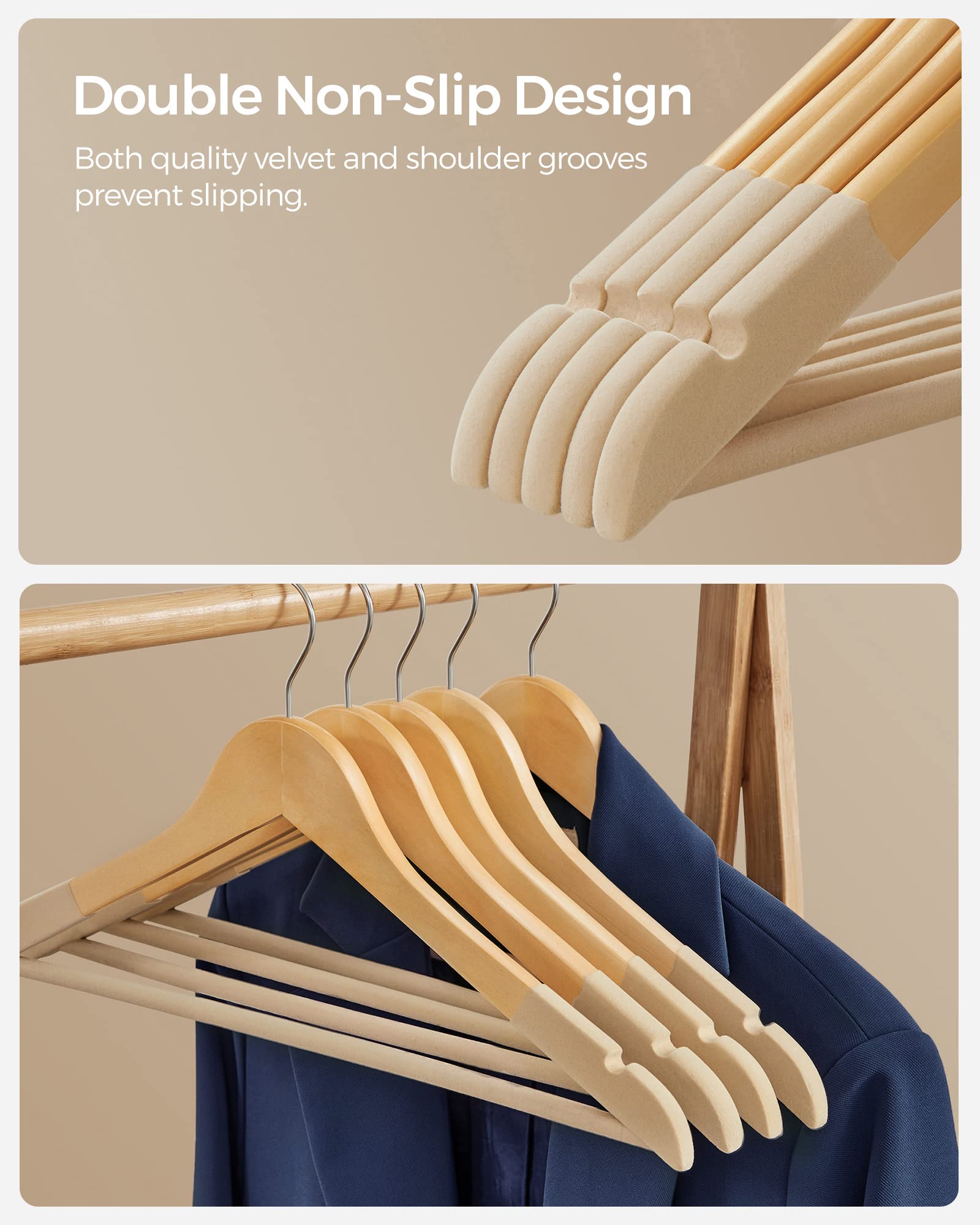 Songmics Velvet Wooden Hangers, Set Of 20 Wooden Hangers With Velvet Surface, Non-Slip Coat Hangers With Shoulder Grooves, Pants