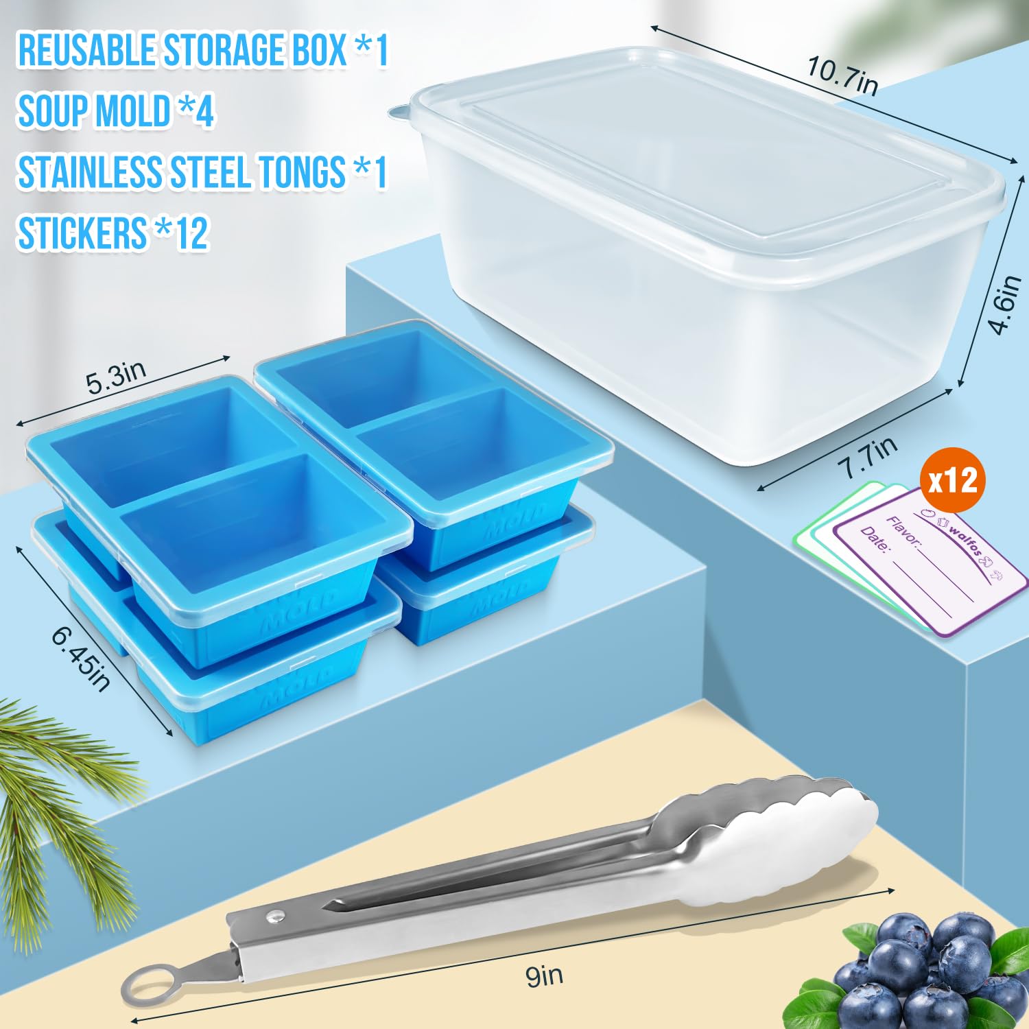 Walfos 1 Cup Silicone Freezer Tray With Lid,Soup Freezer Molds 4 Packs,Bin And Tongs,Bpa Free Silicone Soup Freezer Container,Pe