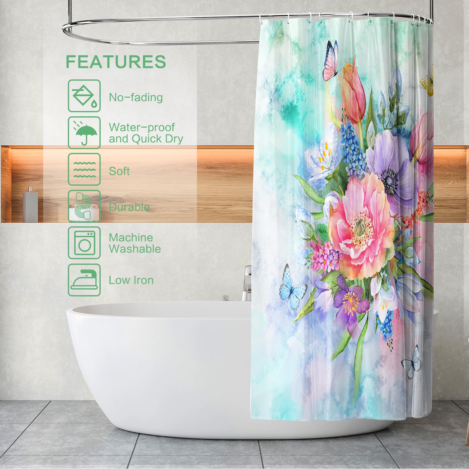 Floral Shower Curtain, Watercolor Flowers Shower Curtain Summer Blooming Flowers Painting Shower Curtain Sets Waterproof Polyest