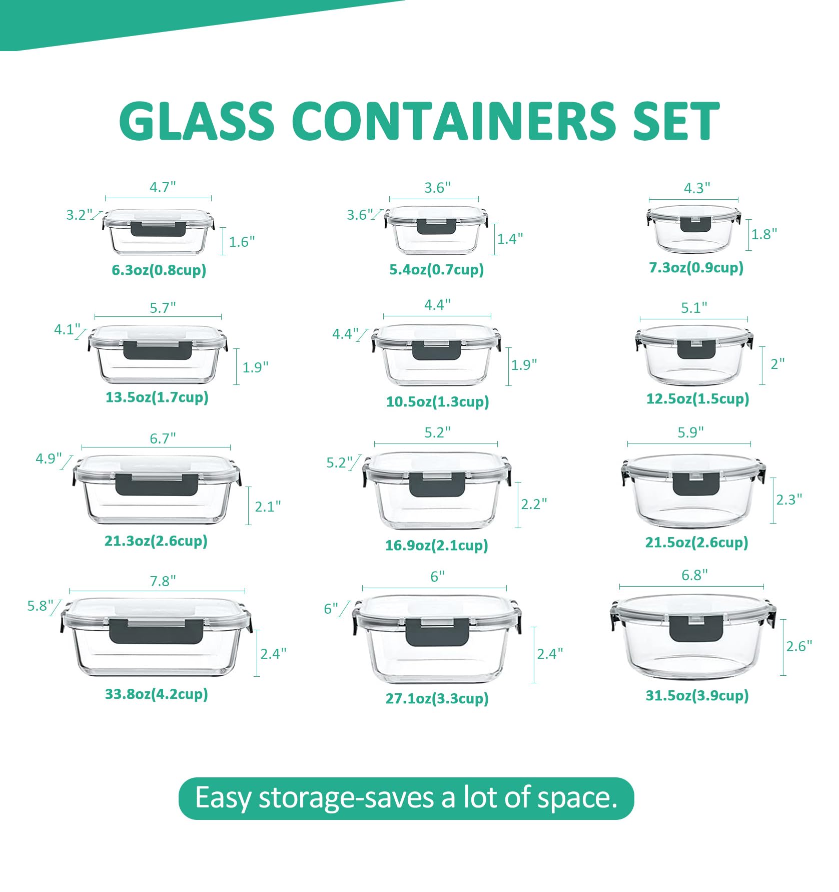 KOMUEE 24 Pieces Glass Food Storage Containers Set Glass Meal Prep Set with Lids-Stackable Airtight lids BPA Free Freezer to Oven Safe Gray