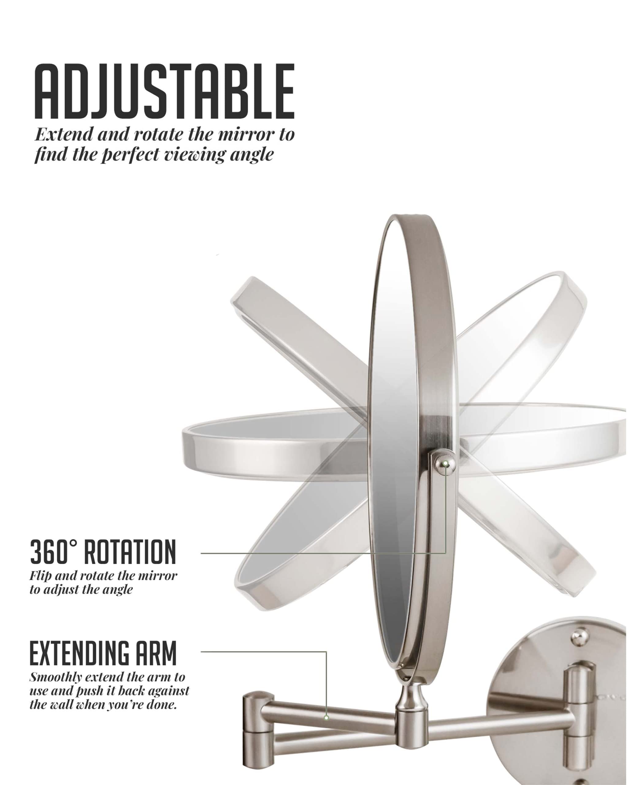 Ovente 9'' Wall Mount Makeup Mirror, 1X & 10X Magnifier, Adjustable Spinning Double Sided Round Reflection, Extend, Retractable