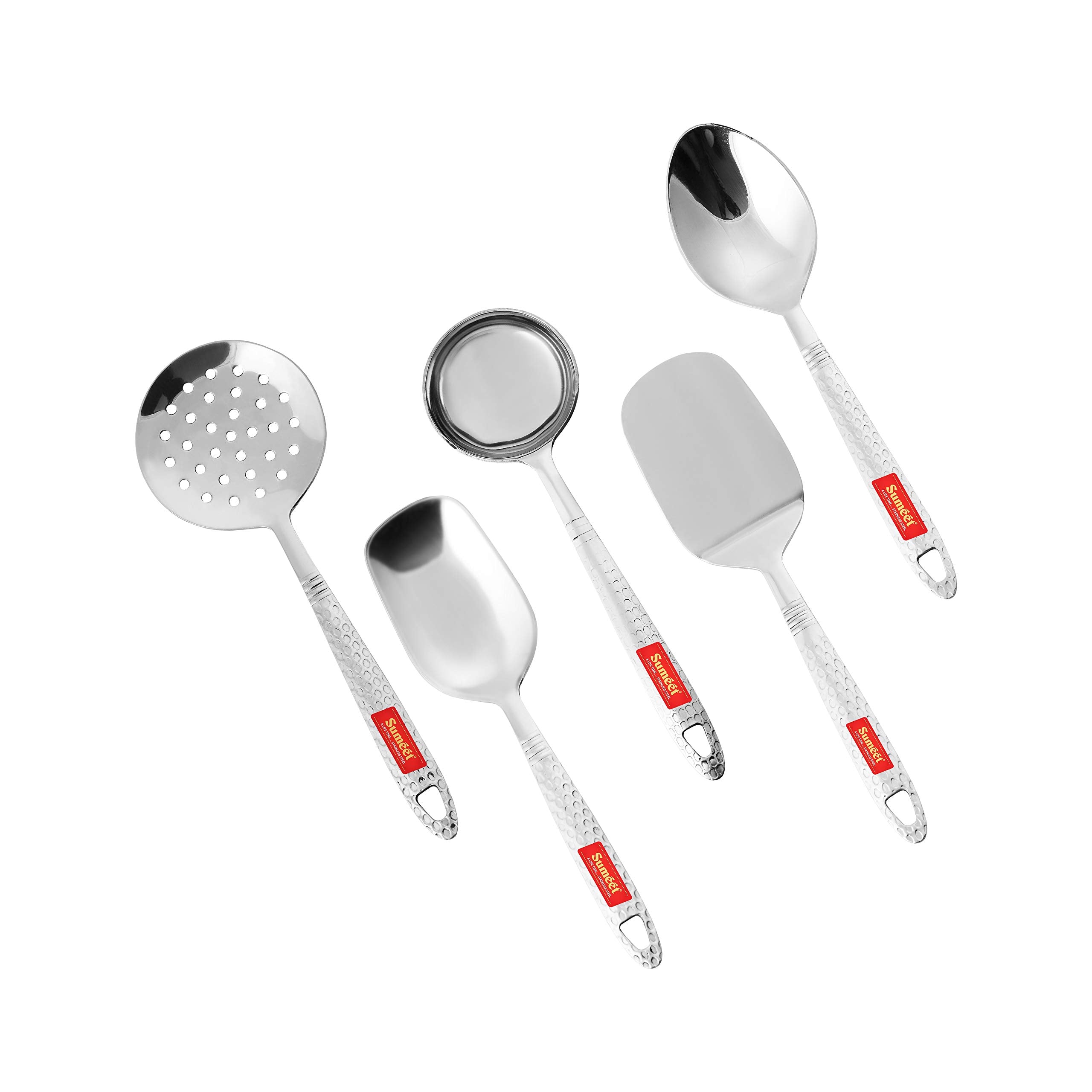 Sumeet Stainless Steel Small Serving And Cooking Spoon Set Of 5Pc (1 Turner, 1 Serving Spoon, 1 Skimmer, 1 Basting Spoon, 1 Ladl