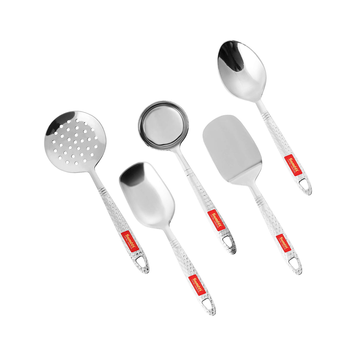 Sumeet Stainless Steel Small Serving And Cooking Spoon Set Of 5Pc (1 Turner, 1 Serving Spoon, 1 Skimmer, 1 Basting Spoon, 1 Ladl