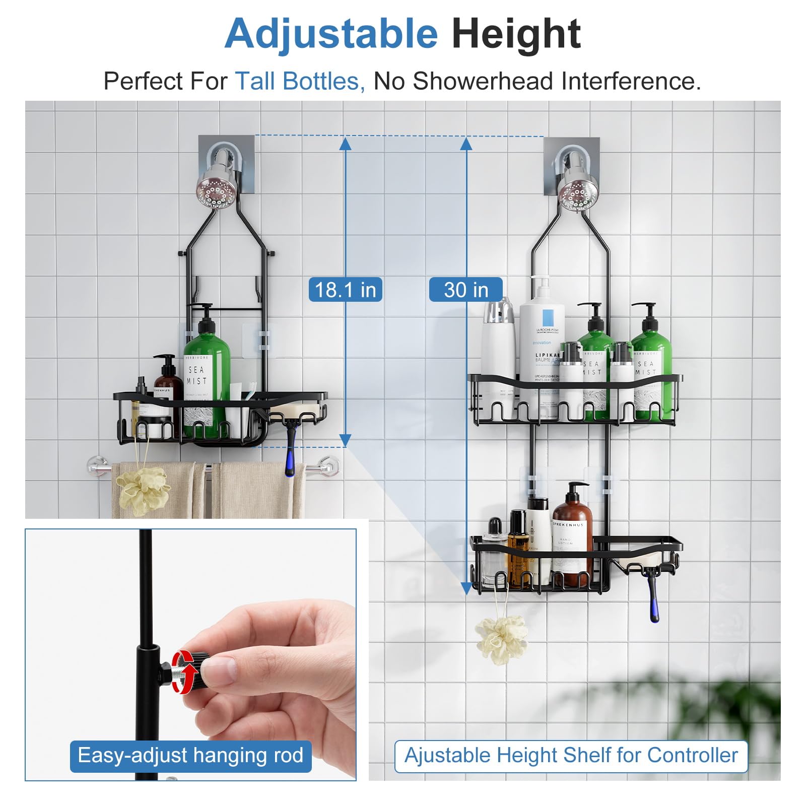 Joqixon Shower Caddy, Upgraded Extended Length Shower Caddy Over Showerhead No Blocking To Shower Head, Rustproof Shower Organiz