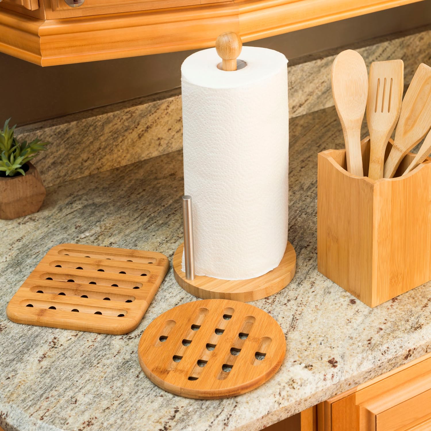 Home Basics Square And Circle Natural Bamboo Trivet Set, Pack Of 2