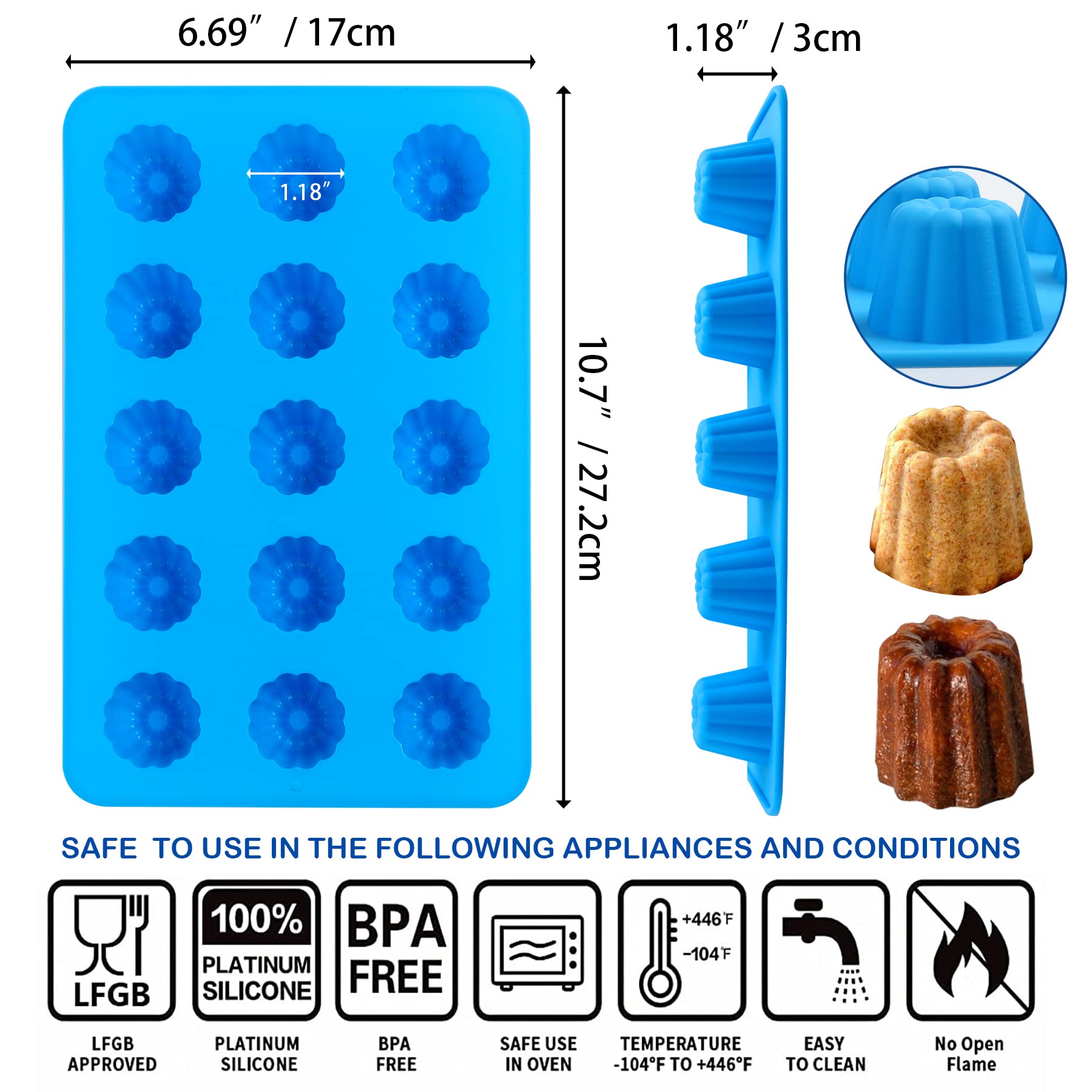 Sidosir 2Pcs Canele Mold Silicone, 15-Cavity Mini Nonstick Canele Silicone Baking Cake Pan For Bread Muffin (15-Cavity)