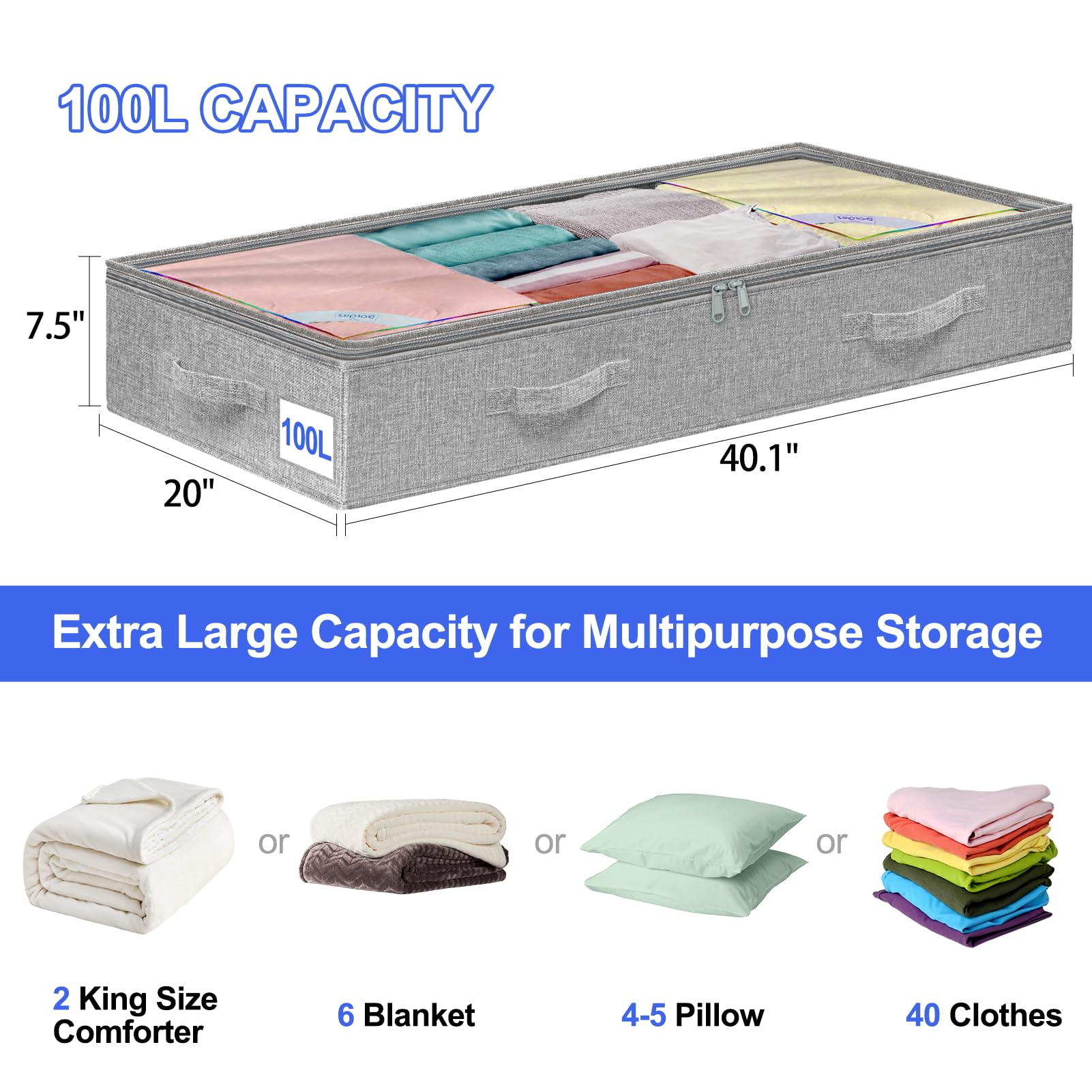 punemi 100L Under Bed Storage Containers, Extra Large Underbed Storage, NO STRUCTURE, Soft Foldable Zipper Cloth Blanket Storage