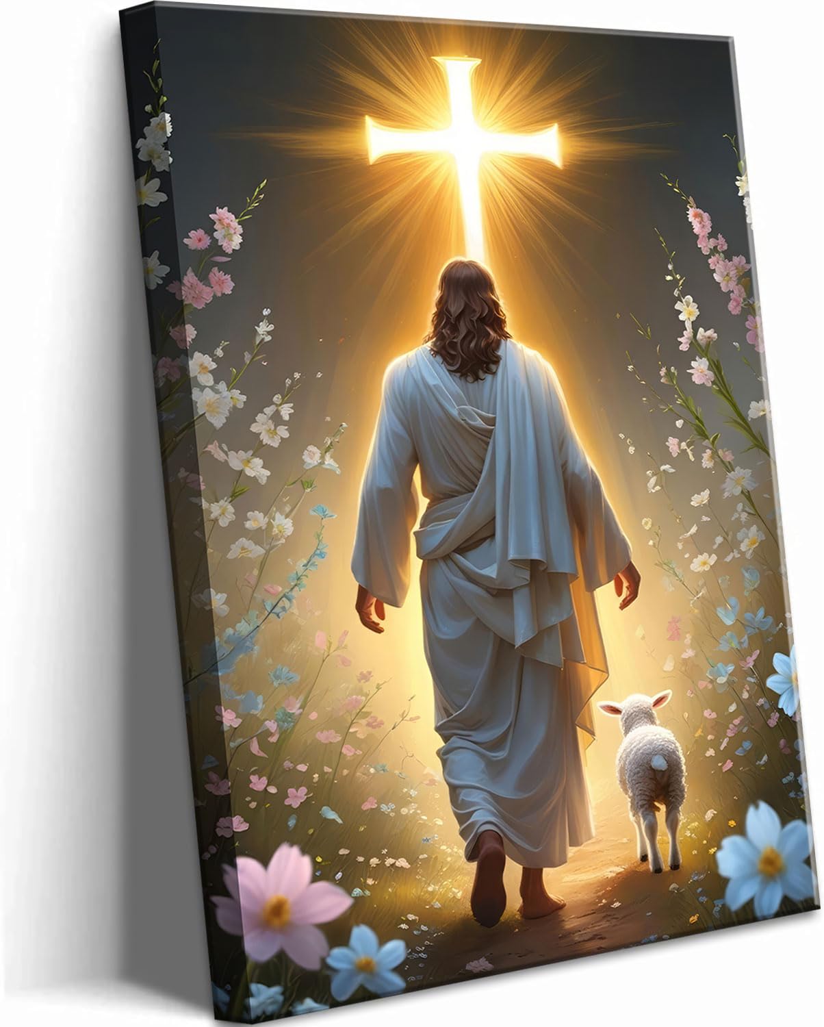 Jesus And Lamb Canvas Wall Art Christian Cross Jesus Walking Toward Light Wall Decor Picture Religious Spiritual Posters Prints 