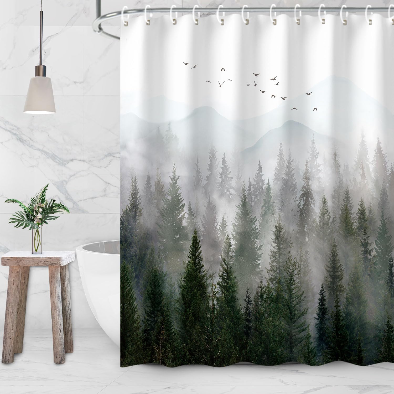 RosieLily Mountain Shower Curtain Misty Forest Tree Foggy Shower Curtain for Bathroom with Hooks Cool Nature Scenery Landscape Bathtub Decor 84 inch Design Art Shower Curtain Waterproof Fabric