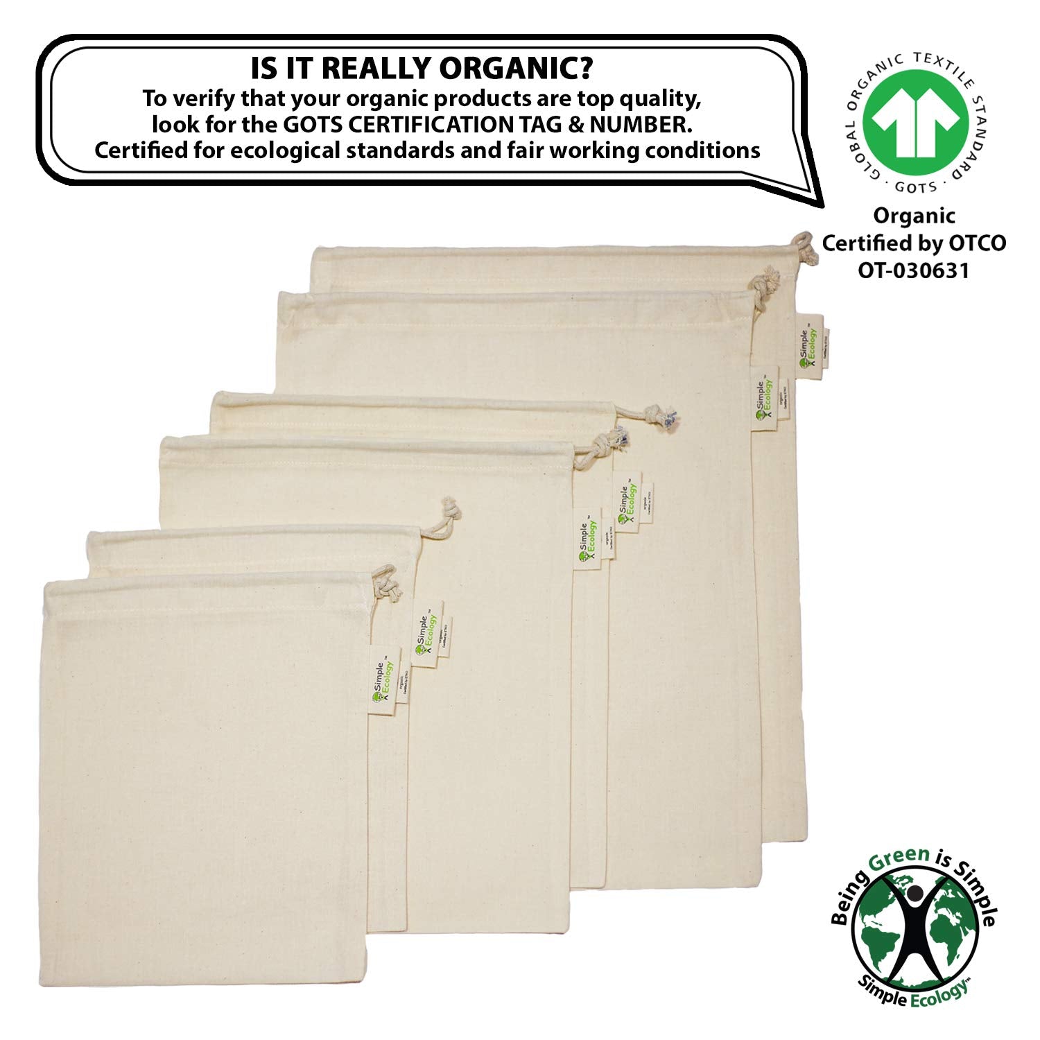 Simple Ecology Reusable Grocery Produce Shopping And Storage Bags, Organic Cotton Muslin, Set Of 6 (2 Ea. Of L, M, S)