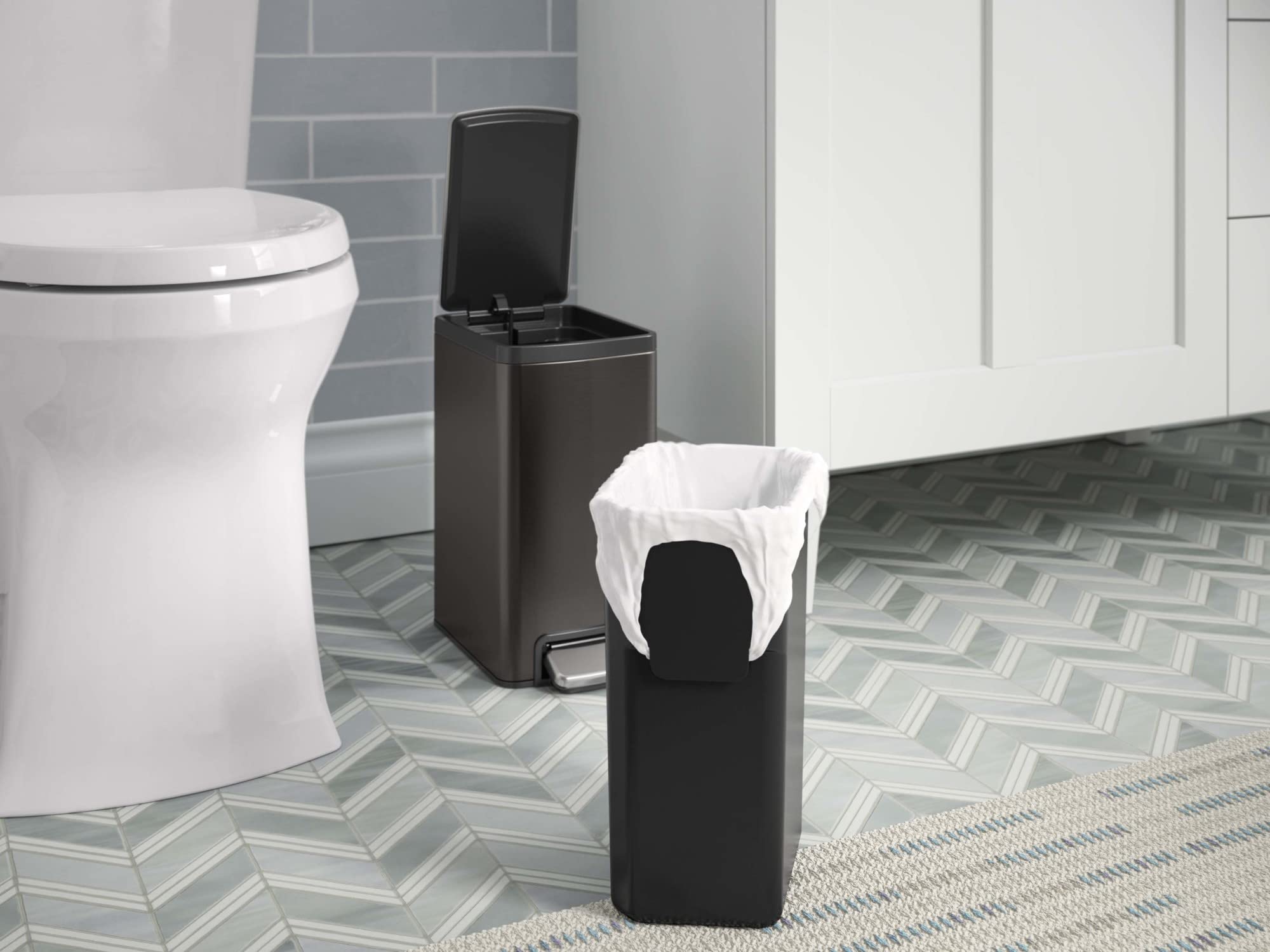 KOHLER 31319-BST Bathroom Trash Can, 1.6 Gallon, Black Stainless Steel, Quiet-Close Foot Pedal, Compact Design