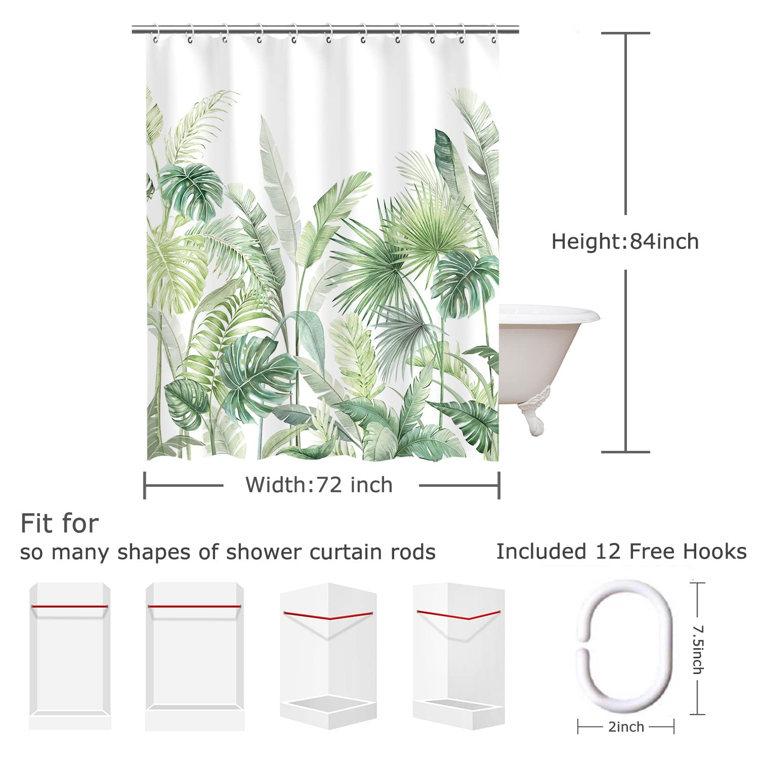 Rosielily Green Shower Curtain, Tropical Shower Curtain, Plant Shower Curtain, Leaf Shower Curtain, Botanical Shower Curtain Set