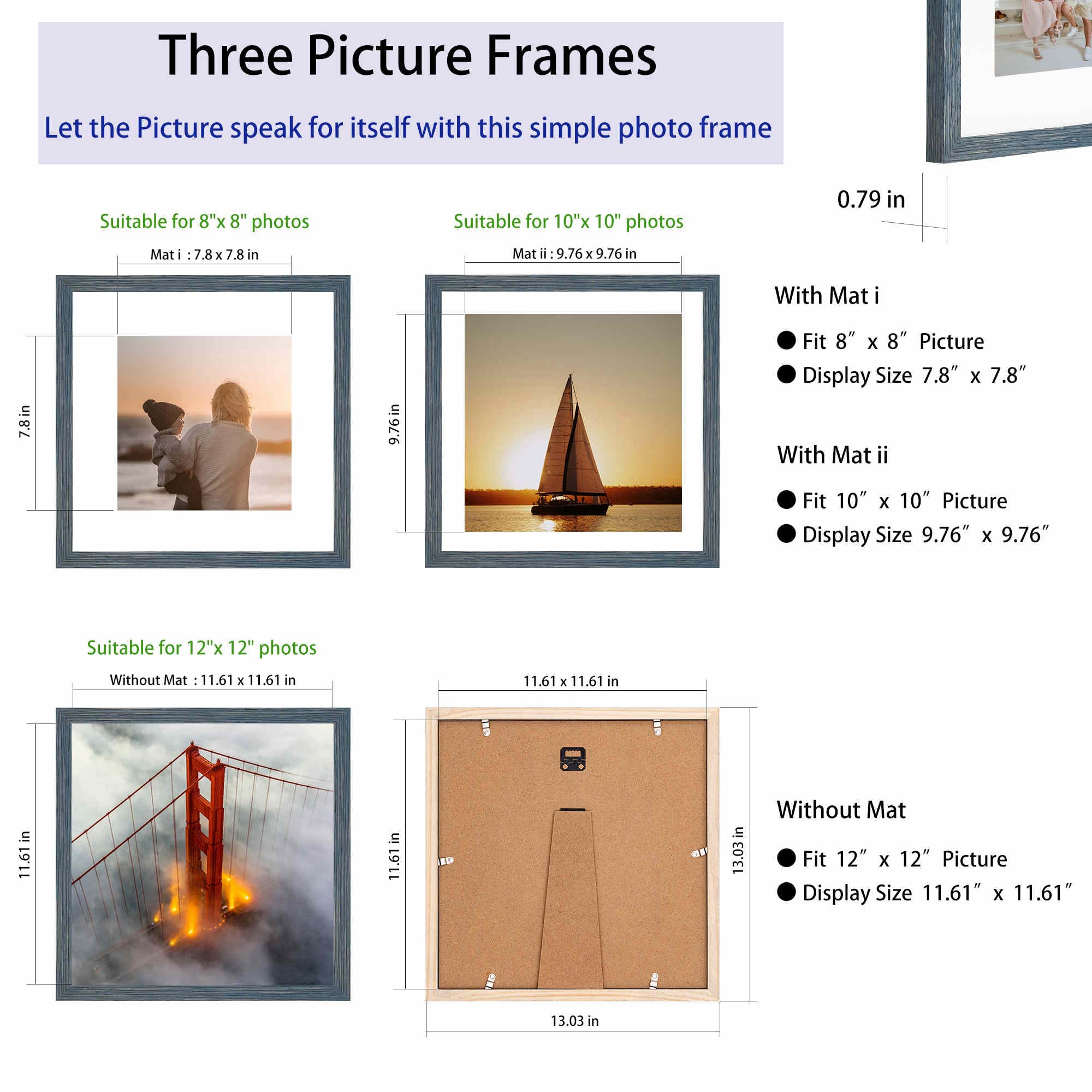 12x12 Picture Frame Set,Solid Wood,Not Glass,Display Pictures 8x8,10x10 with Mat or 12x12 Without Mat,Stable Sturdy Square Hangi