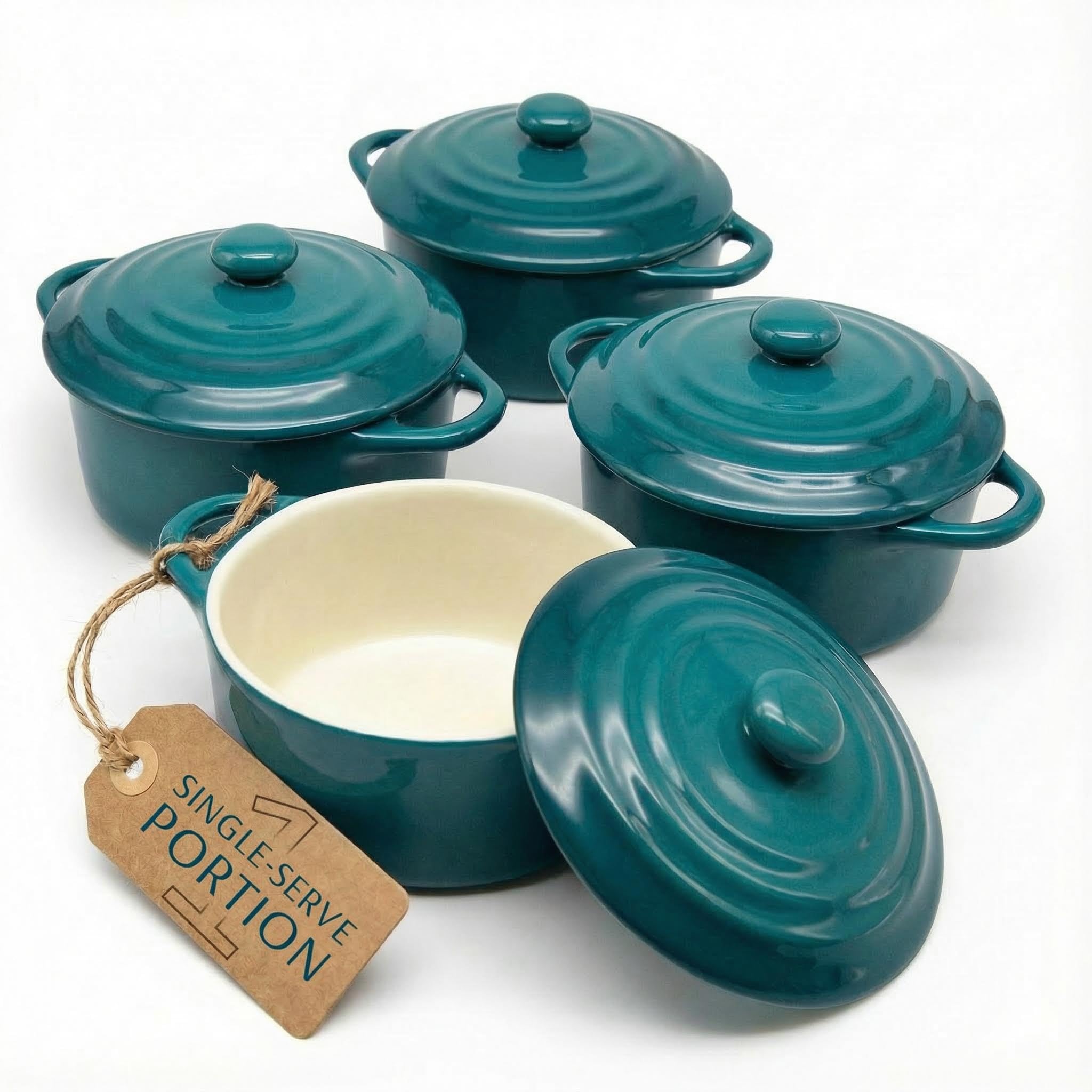 Kook Ceramic Cocotte Set, Mini Dutch Ovens, Small Casserole Ramekins with Lids and Handles, Individual Sourdough Baking Dishes, 