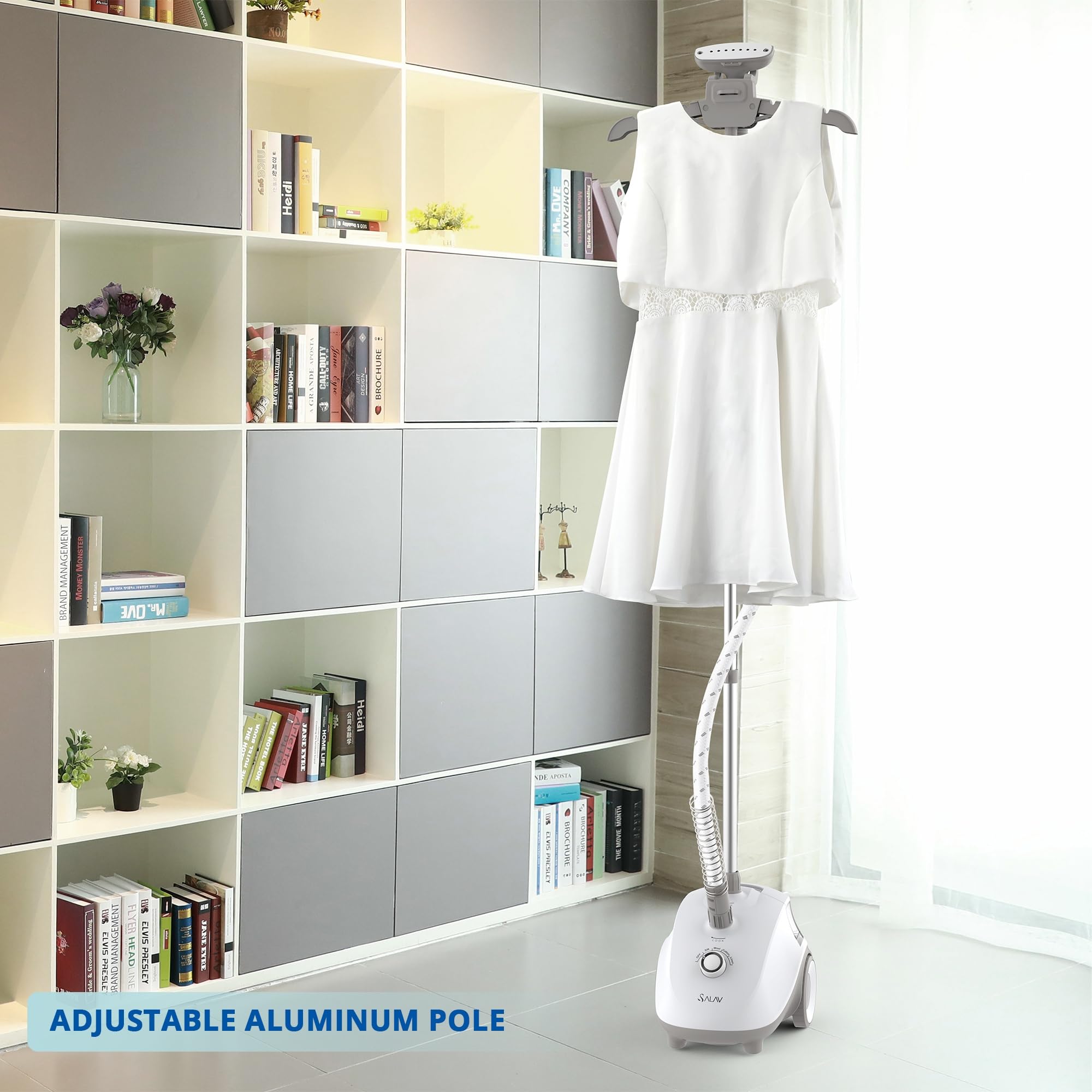 Salav Standing Steamer For Clothes, 1500W Powerful Garment Steamer With Roll Wheels, 4 Steam Settings, High Efficiency Stainless