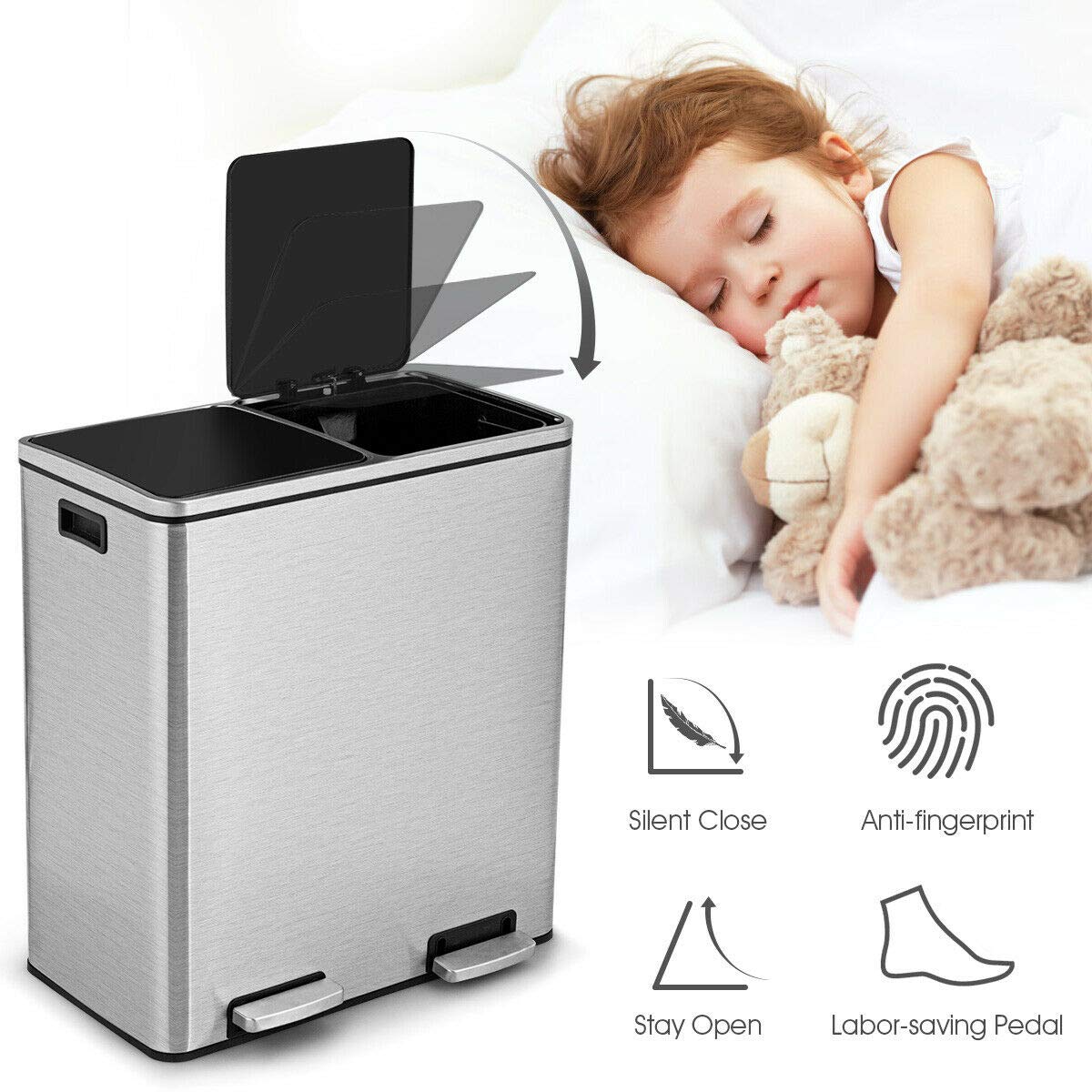 Goplus Dual Trash Can, 60 Liter (2X30L)/ 16 Gallon Stainless Steel Step Trash Can, Rectangular Garbage Bin With Inner Buckets An