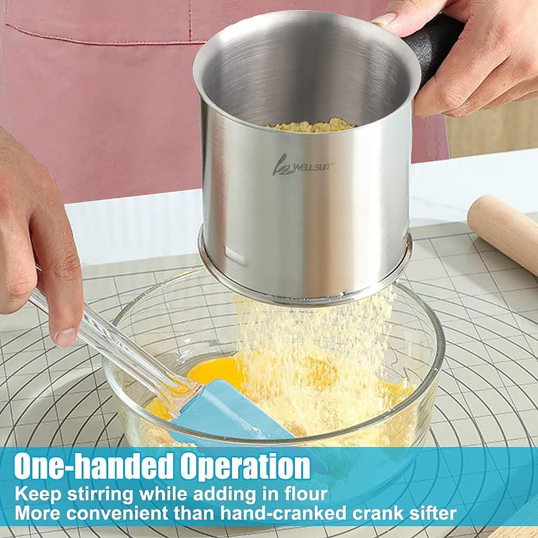 Flour Sifter For Baking,3 Cup Thickened Premium Stainless Steel Flour Sifter With Fine Mesh For Baking Cakes,Pastries,Pies,Bread