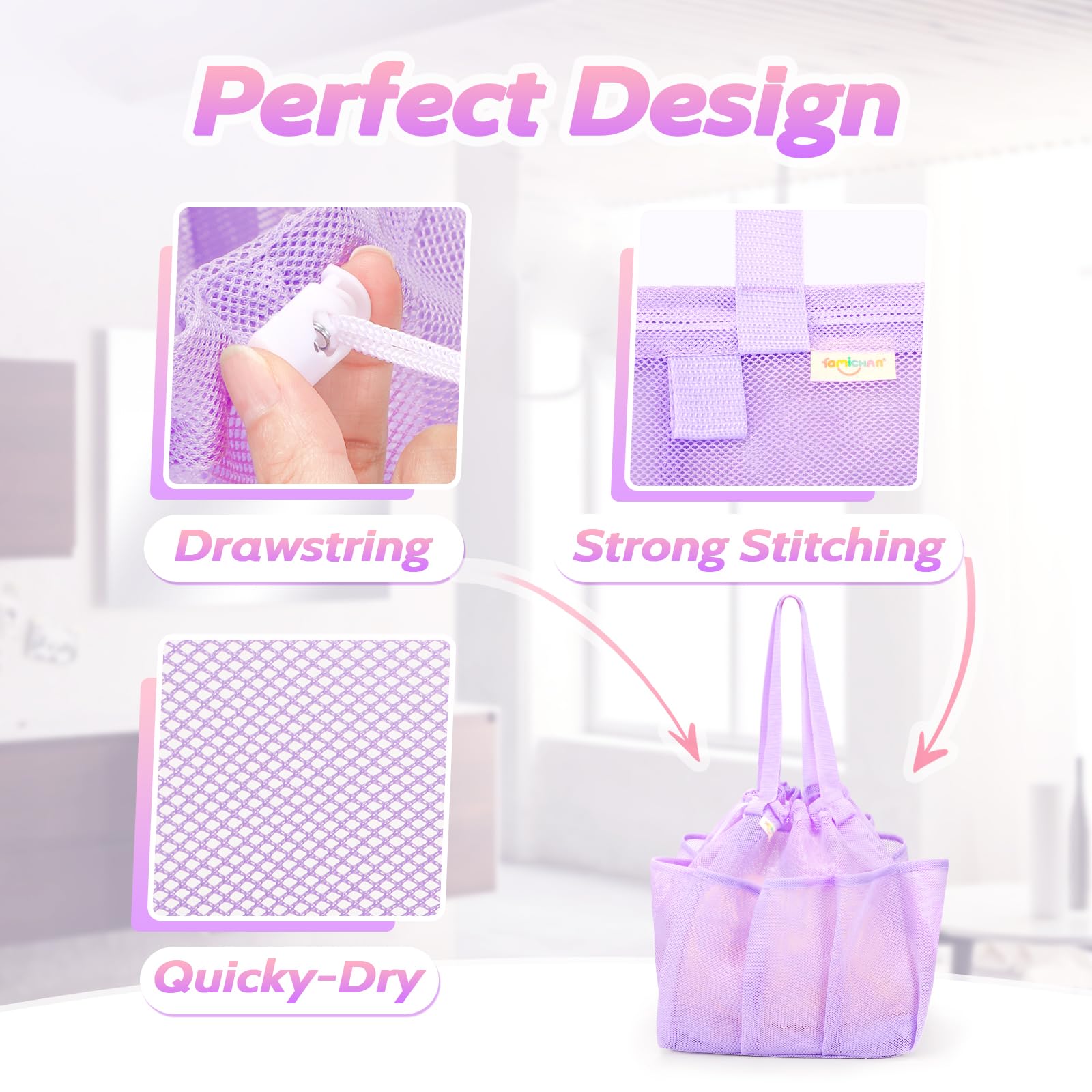 Famichan Mesh Shower Caddy Portable With Drawstring, Dorm Room Essentials For College Students Girl & Boy, Larger Shower Bag For