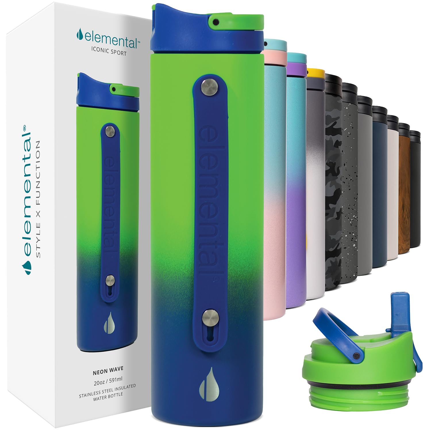 Elemental Iconic Stainless Steel Water Bottle With Straw - 20 Oz Leak Proof Triple Wall Insulated Water Bottles For Travel And S