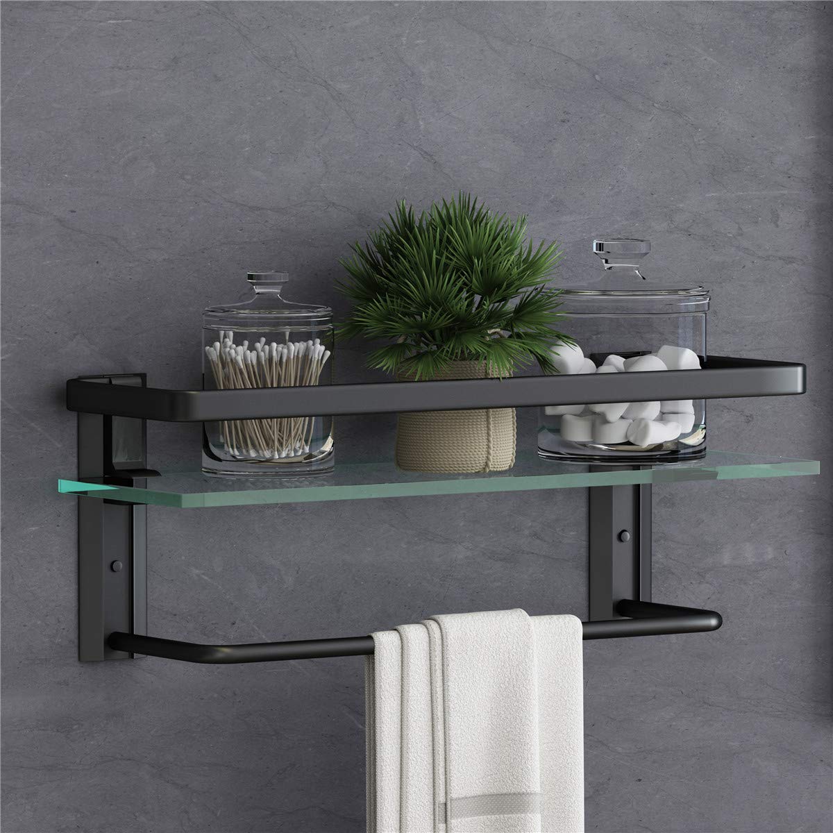 Volpone Bathroom Glass Shelf With Towel Bar- Black Bathroom Shelf Wall Mount Rustproof Bathroom Wall Organizer 1 Tier (Black)