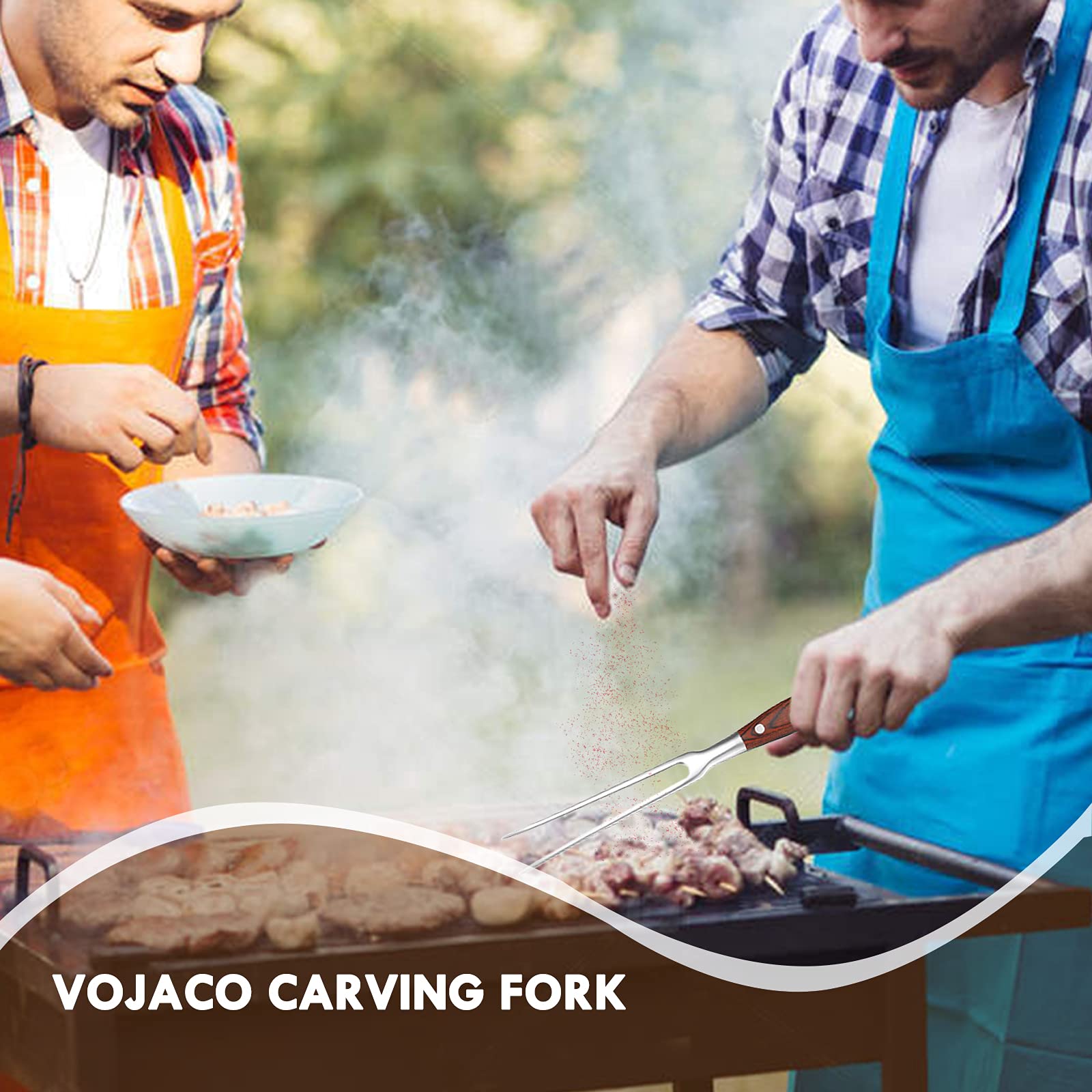 Vojaco Carving Fork, Metal Fork, 12 Inch Long Cooking Fork With Wooden Handle, Heavy Duty Stainless Steel Kitchen Serving Grill