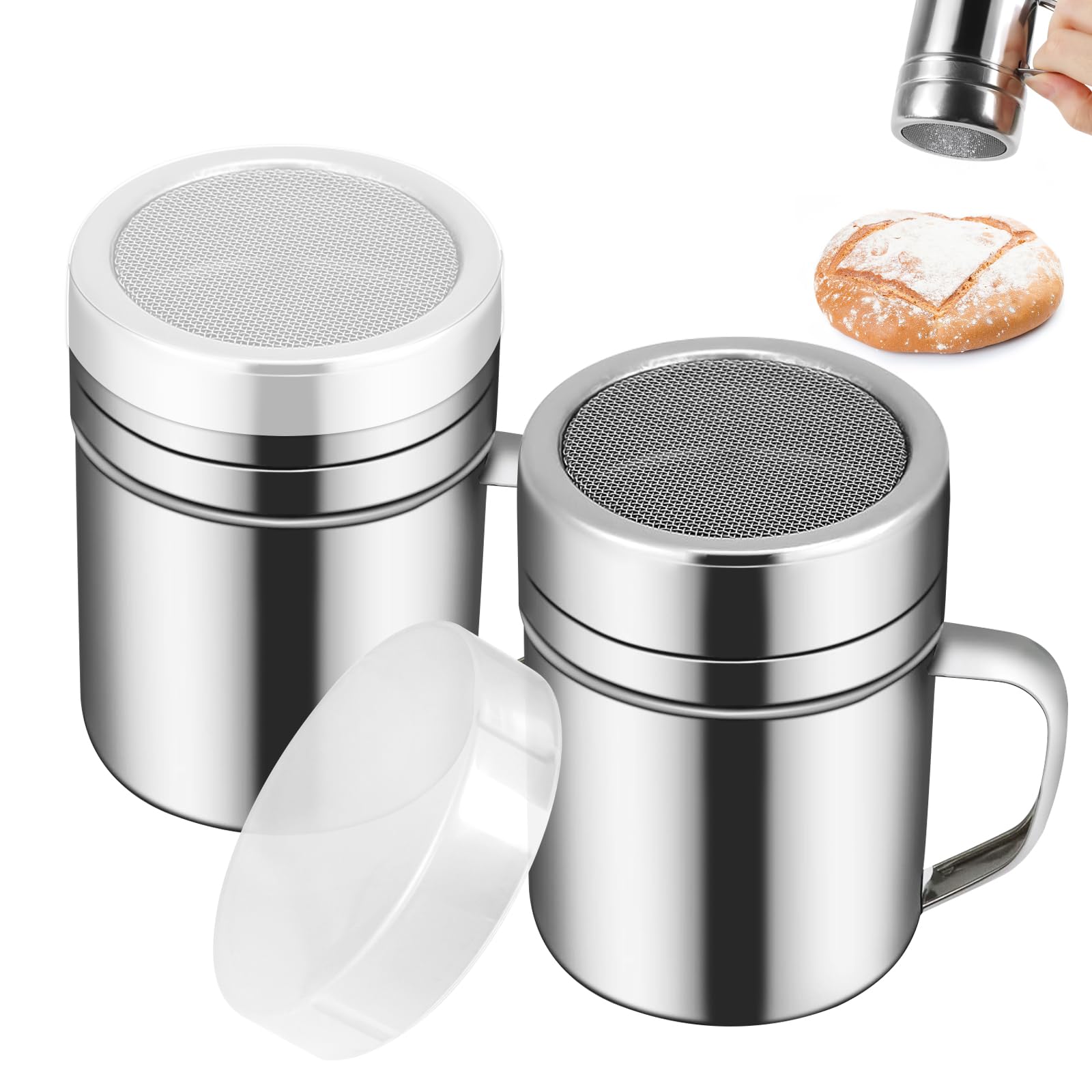 2 Pcs Powdered Sugar Shaker Duster With Handle, Stainless Steel Fine Mesh Shaker Powder Cans With Plastic Lid, Sifter Dredge Sha