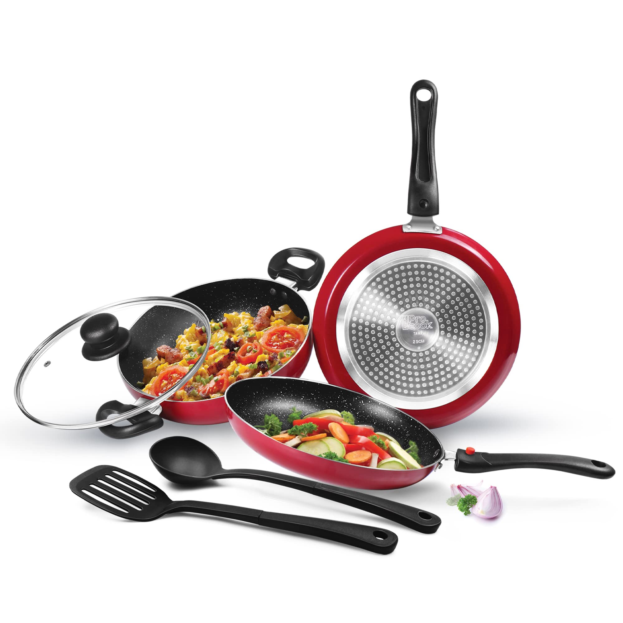 Milton Pro Cook Kitchen Jewel Set of 5 (Fry pan 24 cm/1.6 Litres; Kadhai 24 cm/2.5 Litres with glass lid; Tawa 25 cm;Nylon Laddl