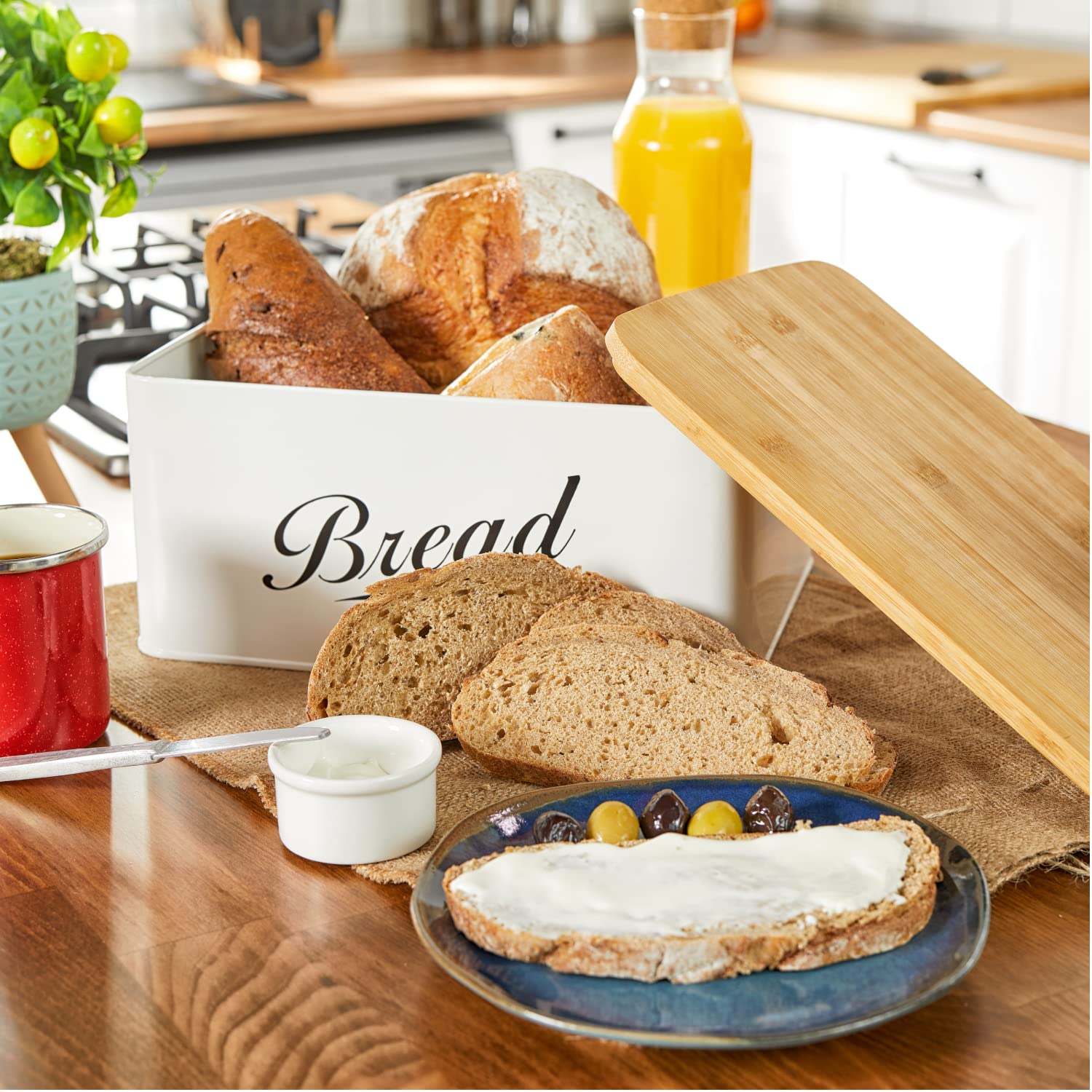 Royalhouse Modern Metal Bread Box With Bamboo Cutting Board Lid, Bread Storage Container For Kitchen Counter, Vintage Kitchen De