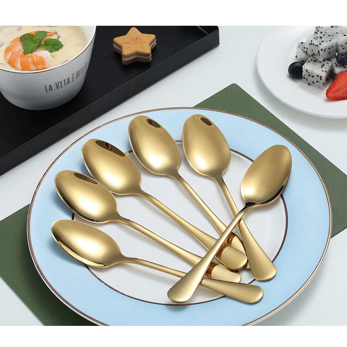 Gold Teaspoons, Kyraton 6 Pieces 6.7'' Stainless Steel Tea Spoons With Gold Titanium Plating, Ice Cream Spoons, Dessert Spoon, C
