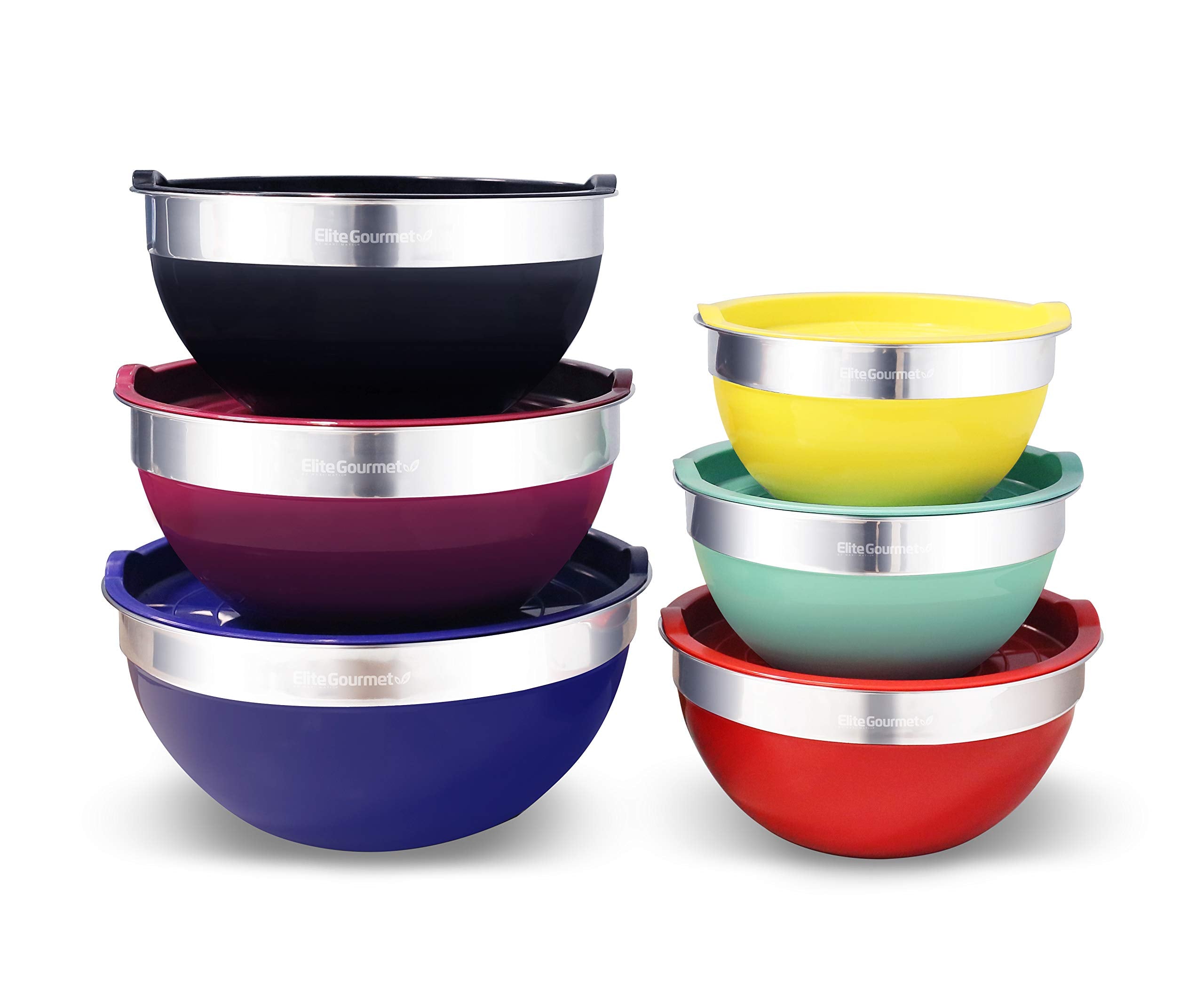Elite Gourmet Ebs-0012#12-Piece Stainless Steel Interior Colored Stackable Nesting Mixing Bowls (Set Of 6) Space Saving Food Sto