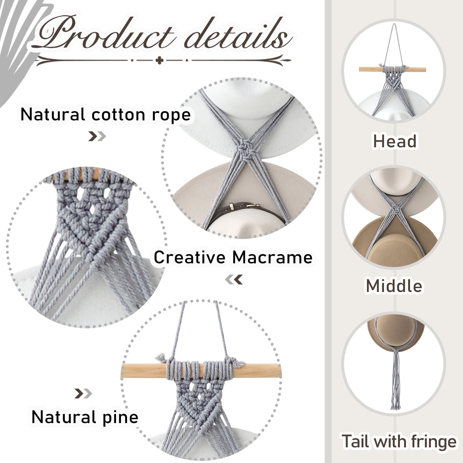Yulejo Macrame Hat Hangers Boho Hat Rack Cowboy Hat Hanger Back Of Door Hat Organizer (Gray,Four Hats Style)