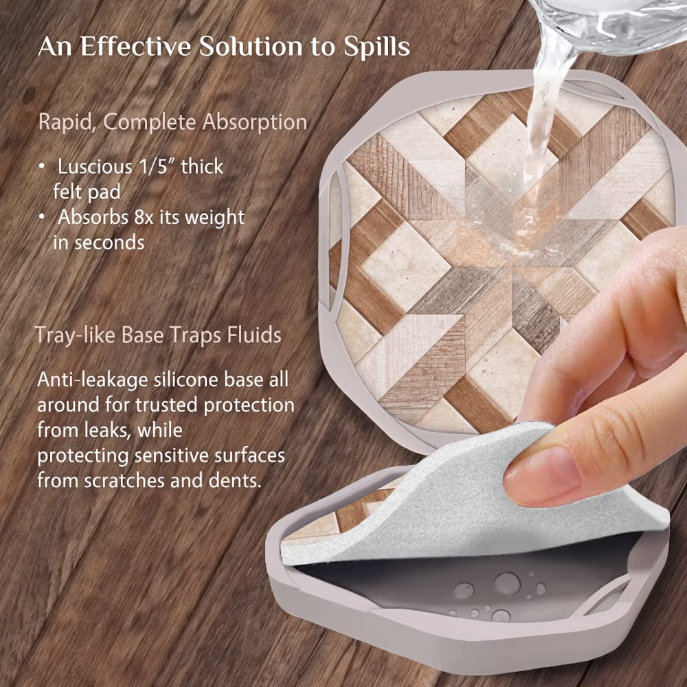 UMIRRO Absorbent Felt Coasters for Drinks with Silicone Case  Rustic Country Farmhouse Cup Coaster Set for Wooden Coffee Table Decor  Boho Tile Design  Brown  4''  4 Pack