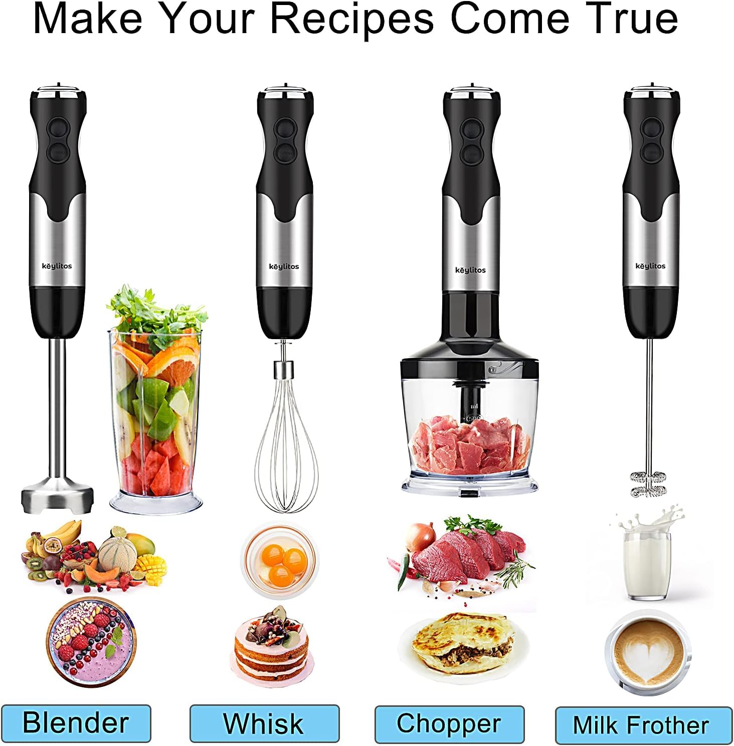 Keylitos 5 In 1 Immersion Hand Blender Mixer, [Upgraded] Handheld Stick Blender With 600Ml Chopper, 800Ml Beaker, Whisk And Milk
