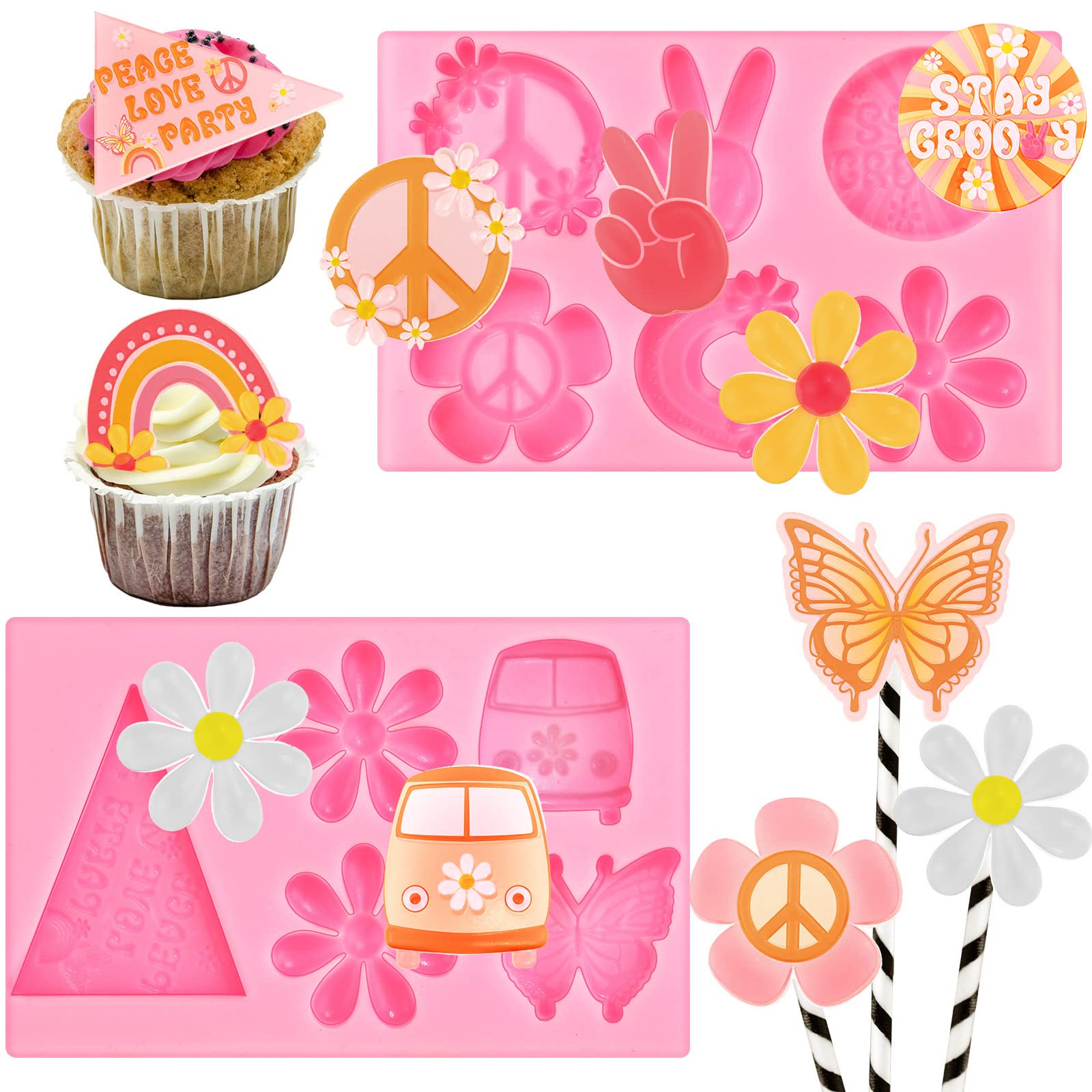 2 Set Groovy Silicone Molds Fondant Molds Daisy Rainbows Flower Silicone Molds For Groovy Retro Hippie Boho Party Supplies Decor