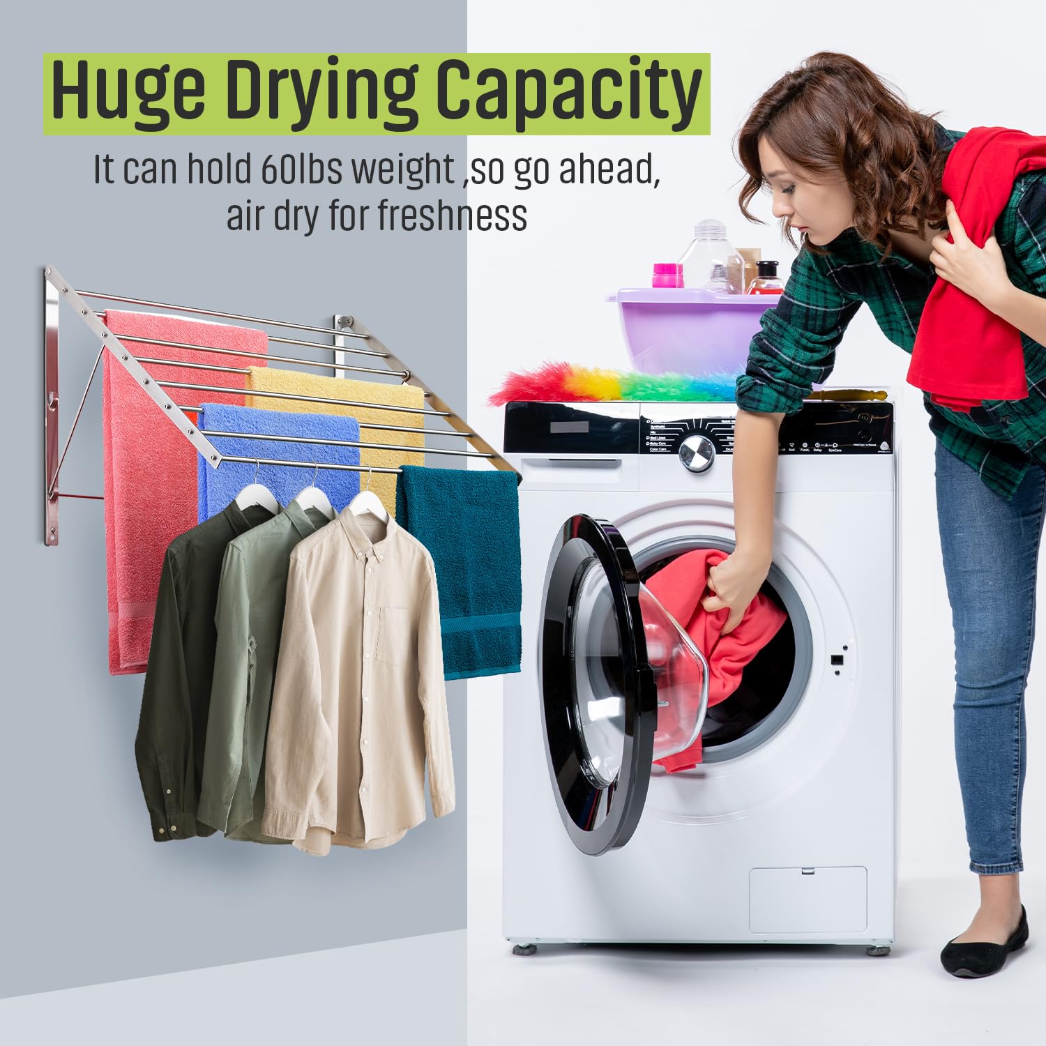Smartsome | Wall Mounted | Clothes Drying Rack| 22 '' Wide |15 Linear Feet Capacity | 8 Smooth Round Stainless Steel Rods | 60 lb Capacity | Fully Assembled | Compact Sturdy Space-Saving Design