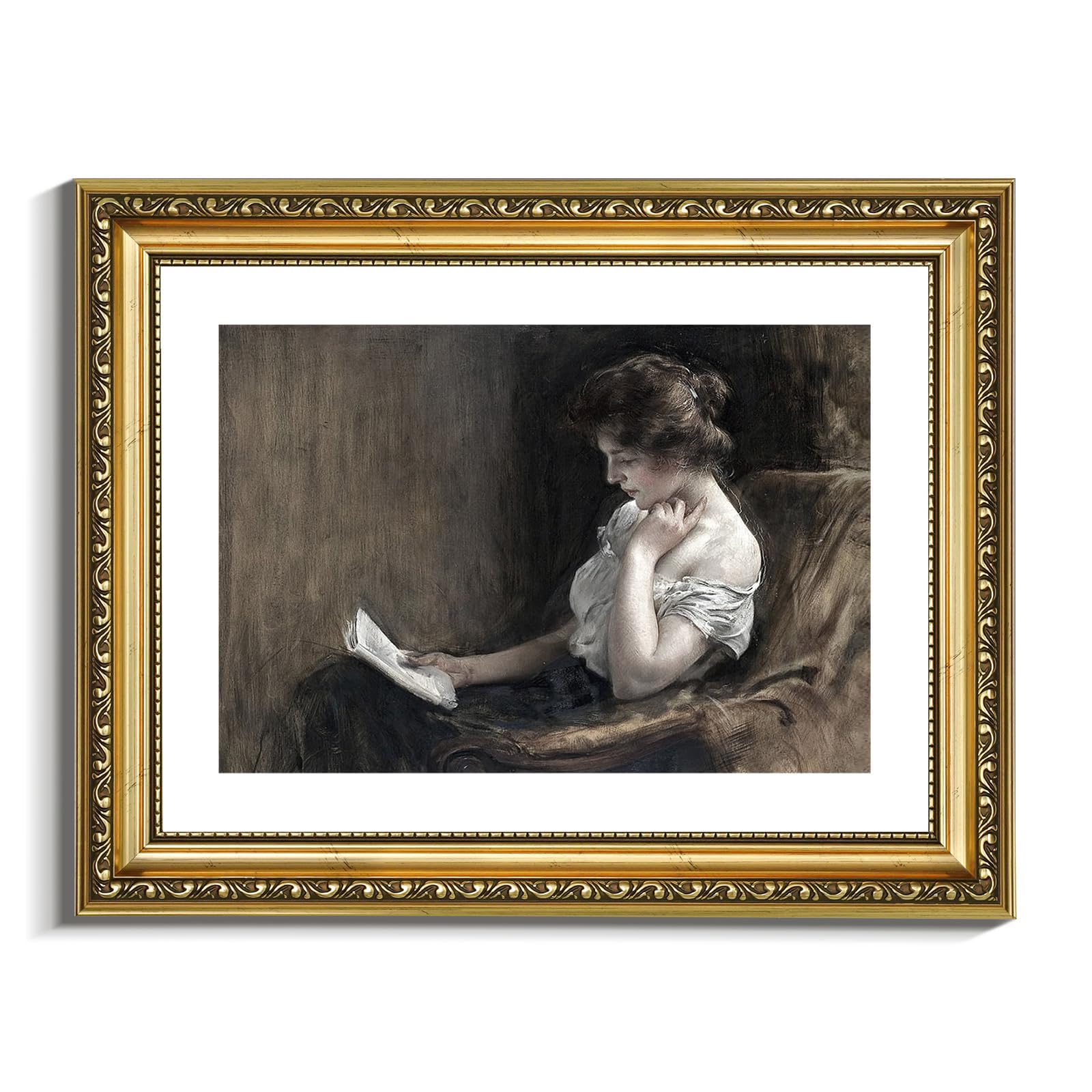 Viyyiea Gold Framed Wall Art Canvas Print Home Decor Portrait Art Woman Sitting Reading Vintage Art Room Aesthetic Mid Century L