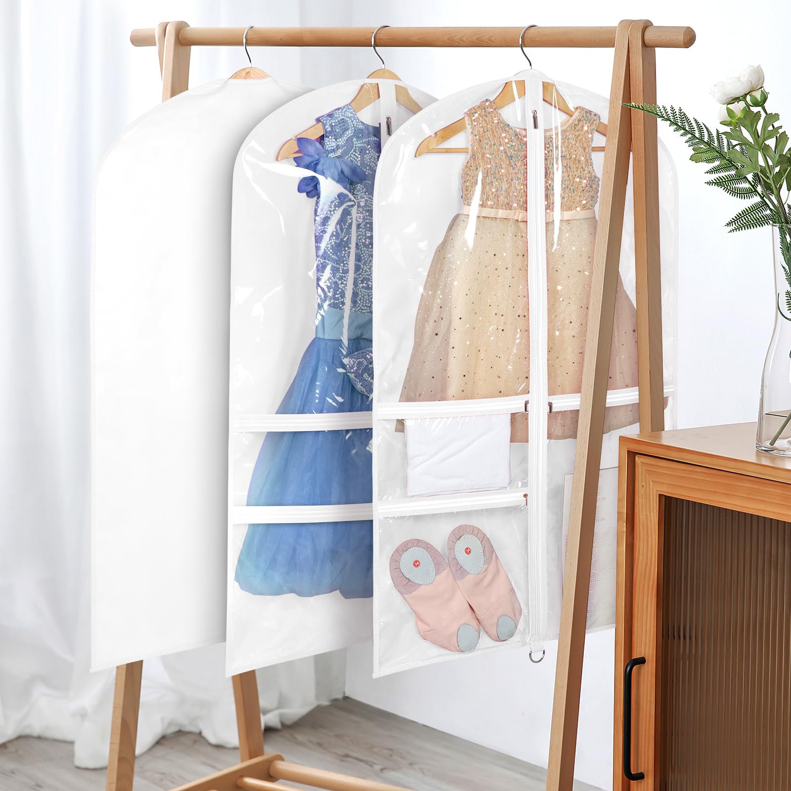 Univivi Dance Costume Garment Bag, 40 Inch Garment Bags For Dance Costumes Kids Dance Costume Bag With 3 Medium Clear Zipper Poc
