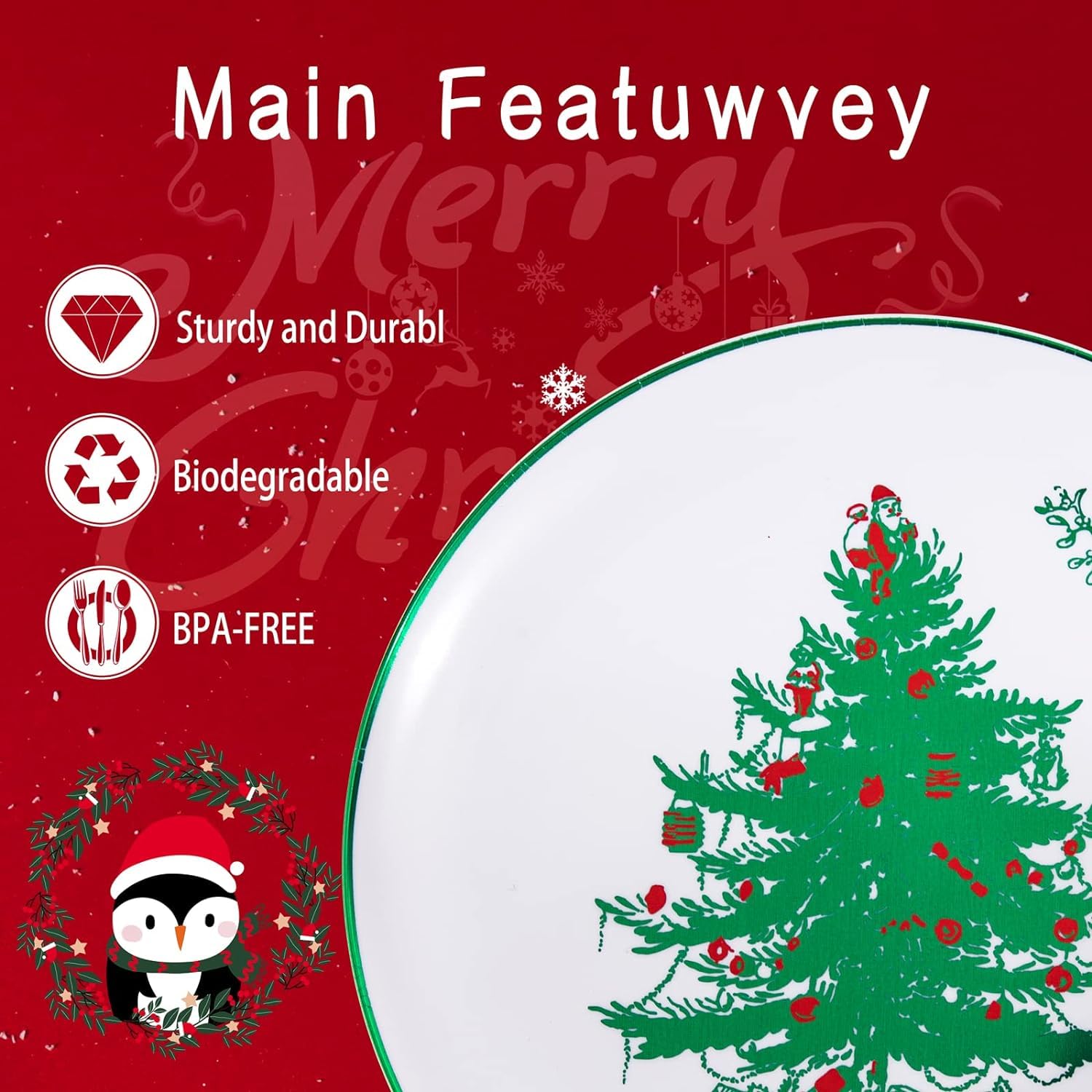 Rubtlamp 60PCS Christmas Plastic Plates, White Disposable Plates with Green christmas Tree, Fancy christmas Party Plastic Plate