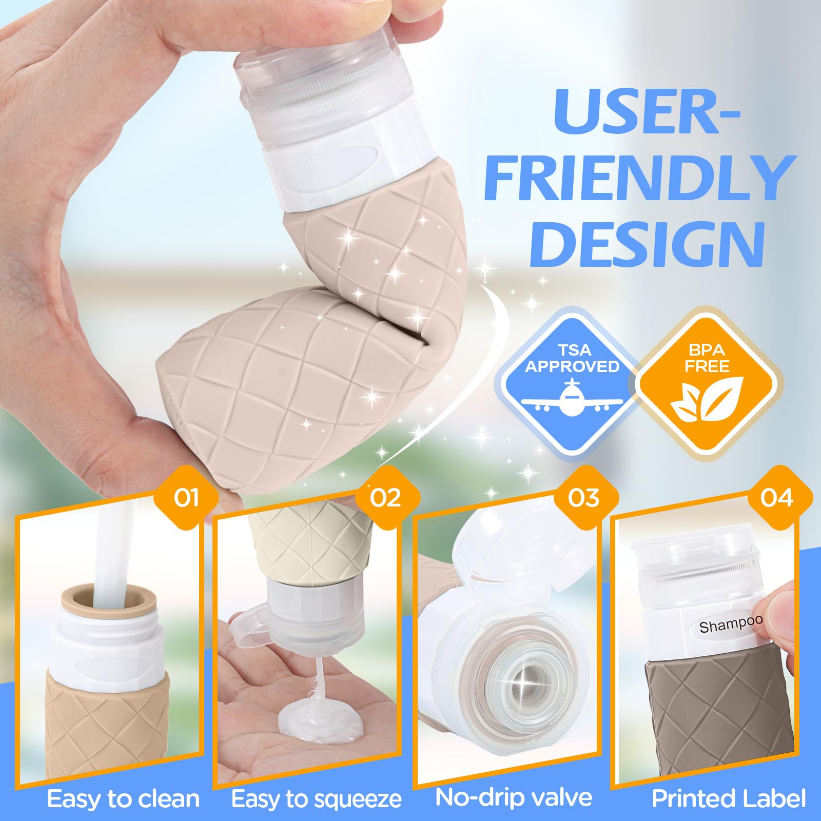 16 Pack Travel Bottles for Toiletries, TSA Approved Travel Size Toiletries Containers Set, BPA-Free Silicone Leak Proof Refillab