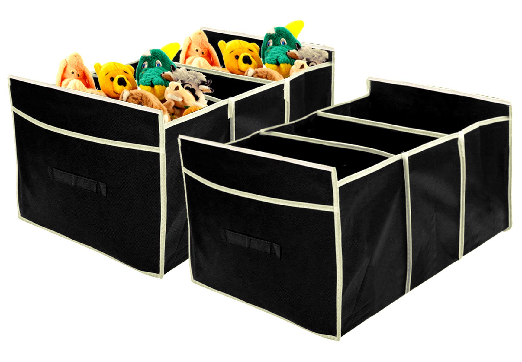 Heart Home Collapsible Portable Heavy Duty Cargo Trunk Storage Organizer With 3 Compartments Pack Of 2 (Black)