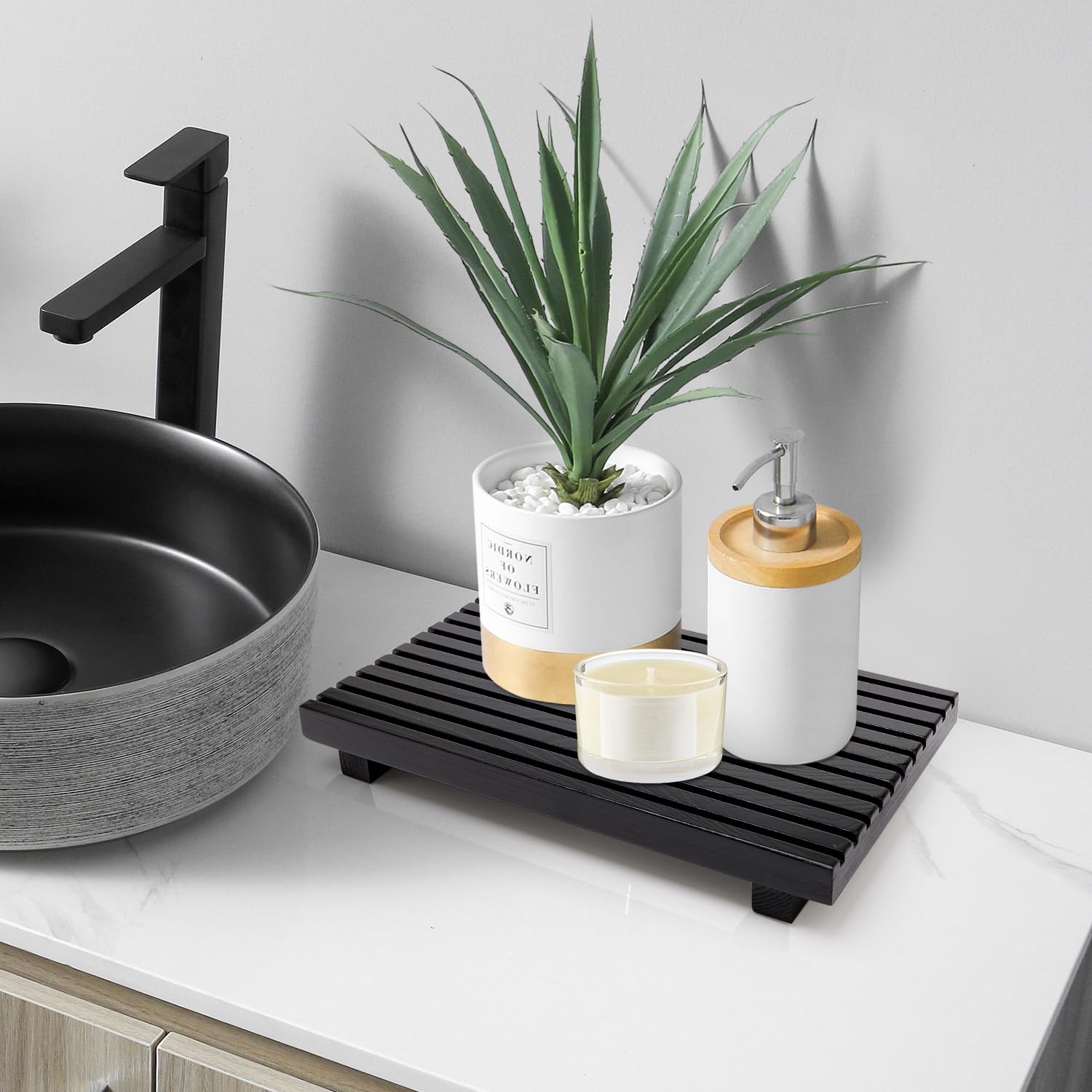 Renawe Black Bathroom Counter Tray Organizer Wood Riser Stand Kitchen Countertop Trays Wooden Pedesta Display Dish Soap Dispense
