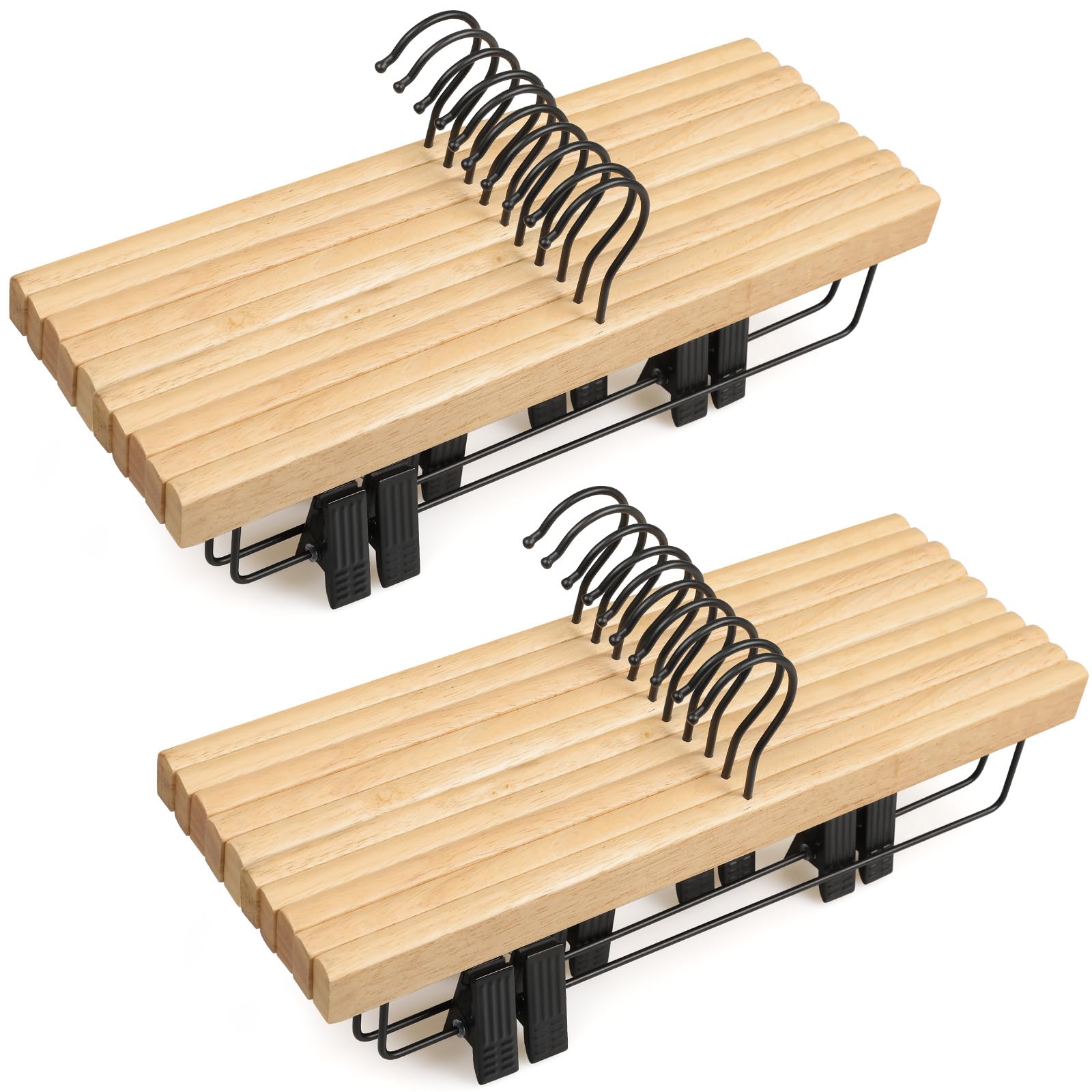 Topia Hanger Pants Hangers 20 Pack, Wooden Clothes Hangers With Black Clips And Rotatable Hook, Durable Natural Rubber Wood Hang
