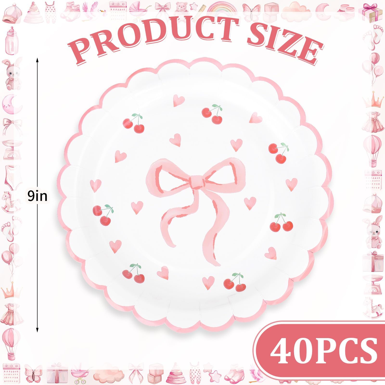 Whaline 40Pcs Pink Scalloped Bow Valentine'S Day Paper Plates 9 Inch Disposable Plates Bow Theme Party Dinner Plates For Wedding