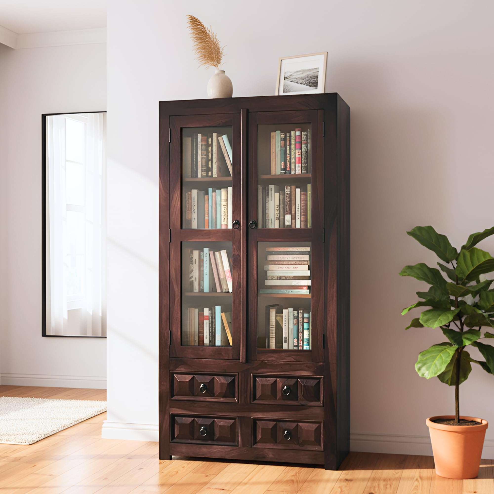 Modern Furniture Sheesham Solid Wooden Book Shelf Cabinet With Glass Rack And Drawer Storage For Home & Office Living Room | Cro