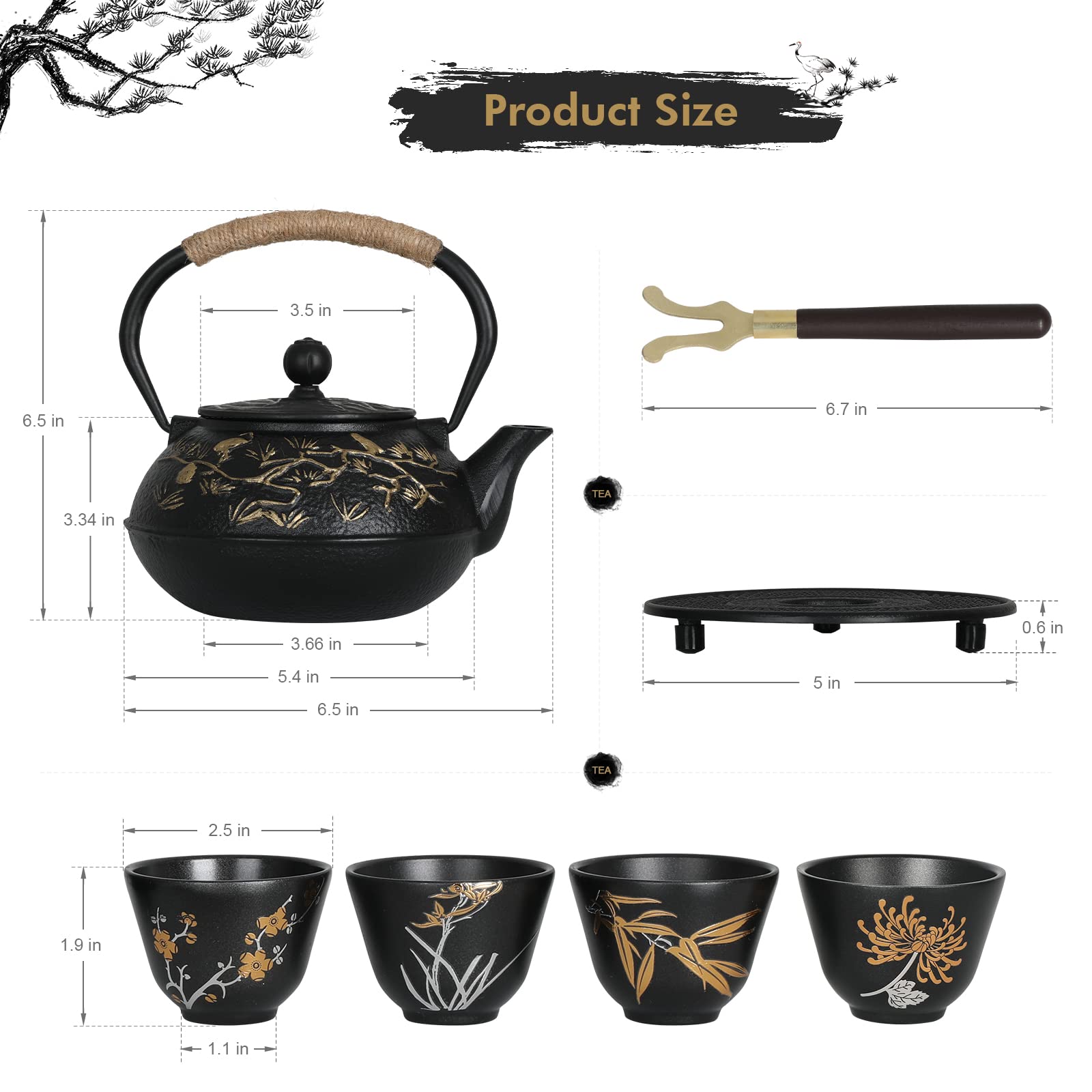 RekRang Cast Iron Teapot Set, 800ml Japanese Tetsubin Kettle with 4 Cups, Pine Crane Design, Removable Infuser and Trivet
