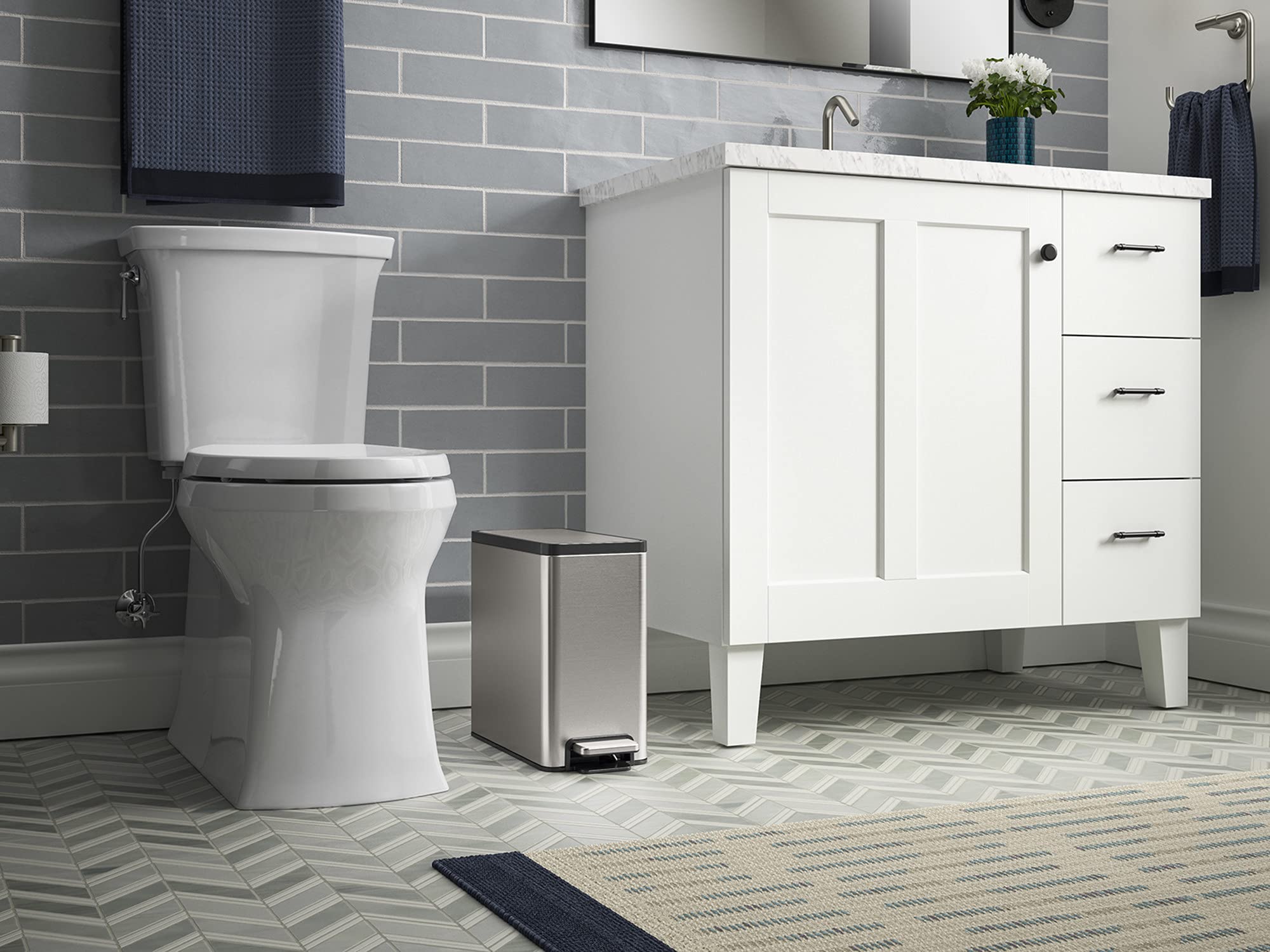 Kohler 20957-St Bathroom, 2.5 Gallon Small Trash Can With Quiet-Close Lid And Hand Free Foot Pedal, Stainless Steel