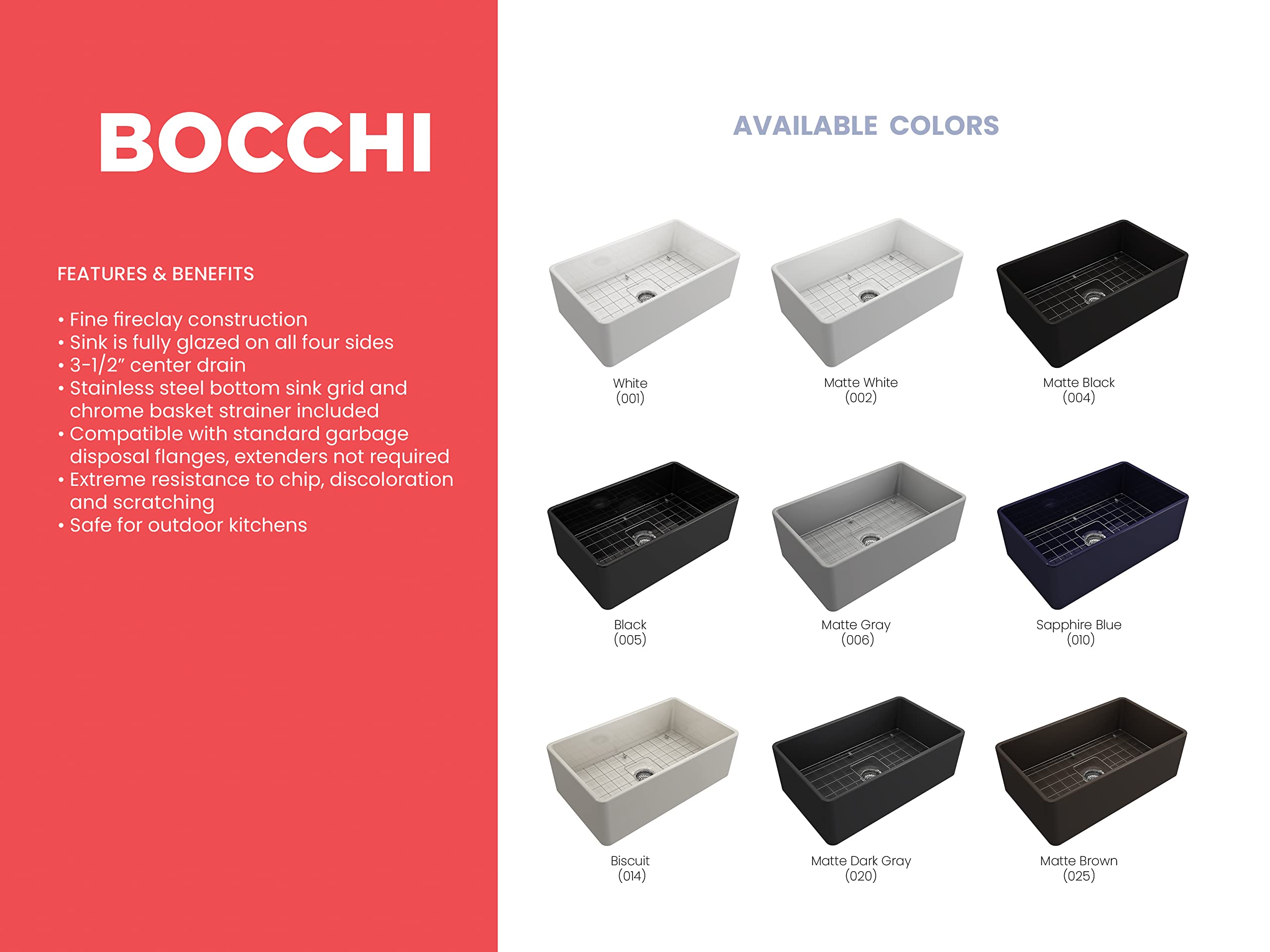 Bocchi Classico Farmhouse Apron Front Fireclay 30 In. Single Bowl Kitchen Sink With Protective Bottom Grid And Strainer In M.Dar
