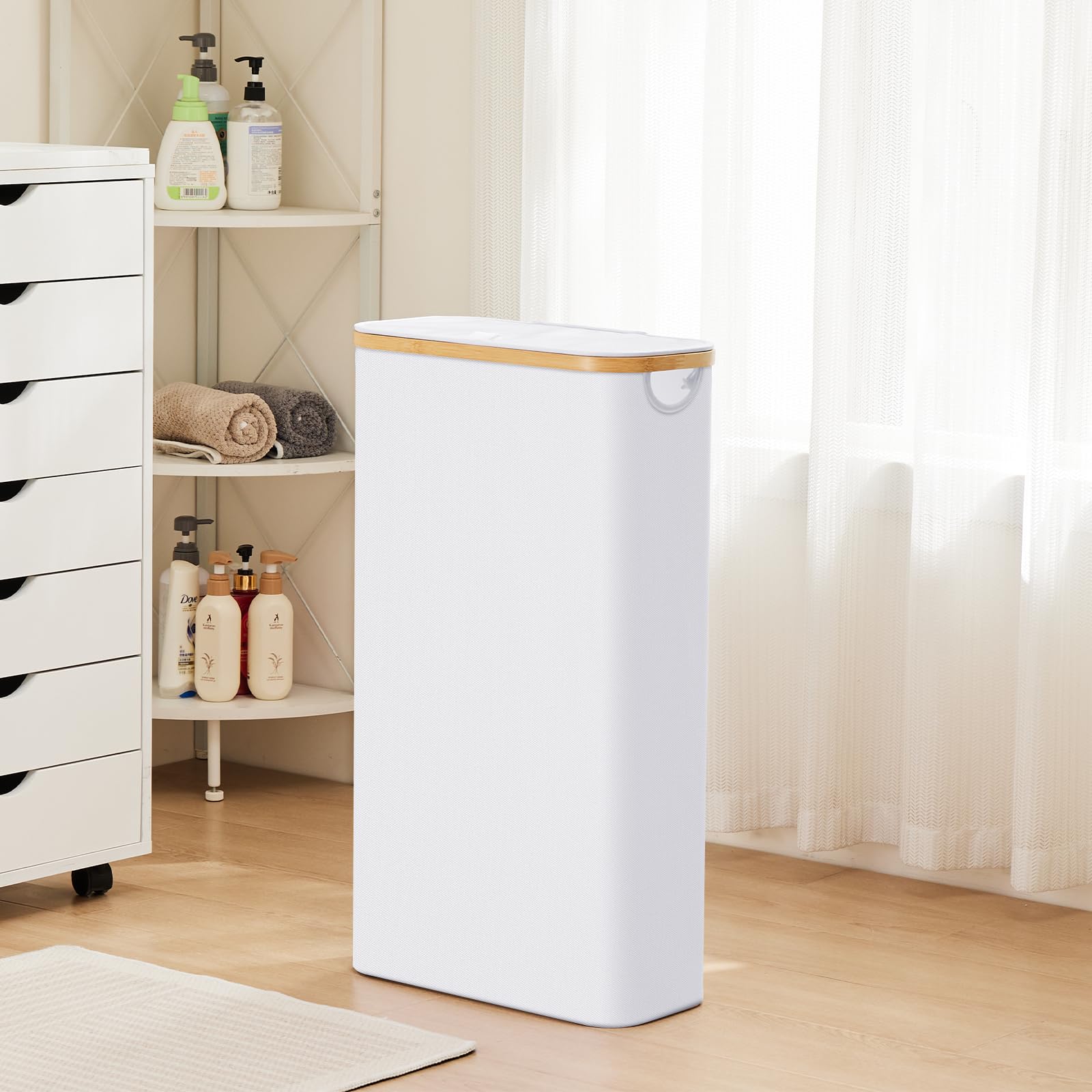 Fiona'S Magic Slim Laundry Hamper With Lid, 63L Narrow Laundry Basket With Removable Bag, White Collapsible Dirty Clothes Basket