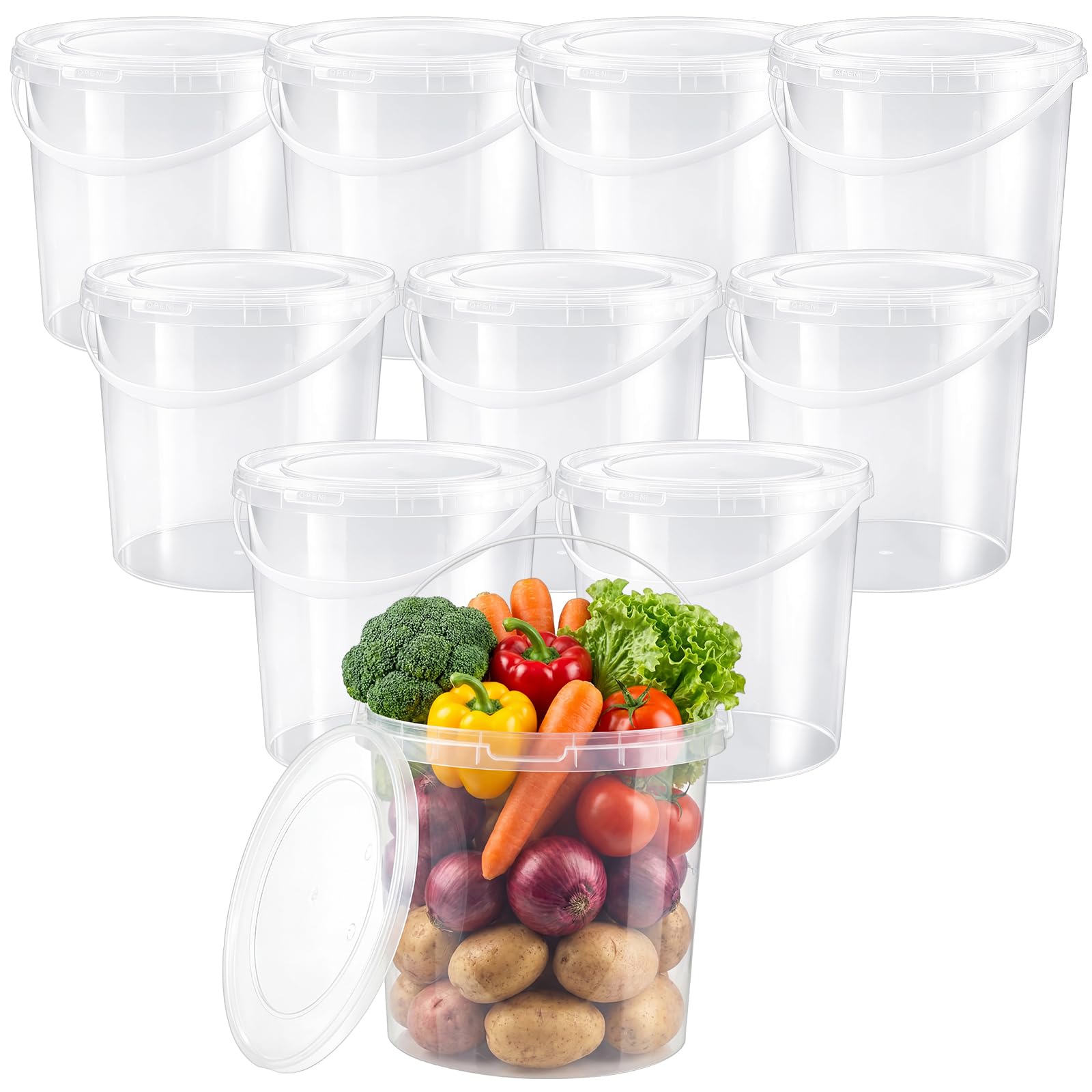 Afarnook 10 Pack 2 Gallon / 256 oz / 7.57 L Clear Plastic Bucket with Handle and Lids Food Storage Containers Freeze Safe Ice Cr