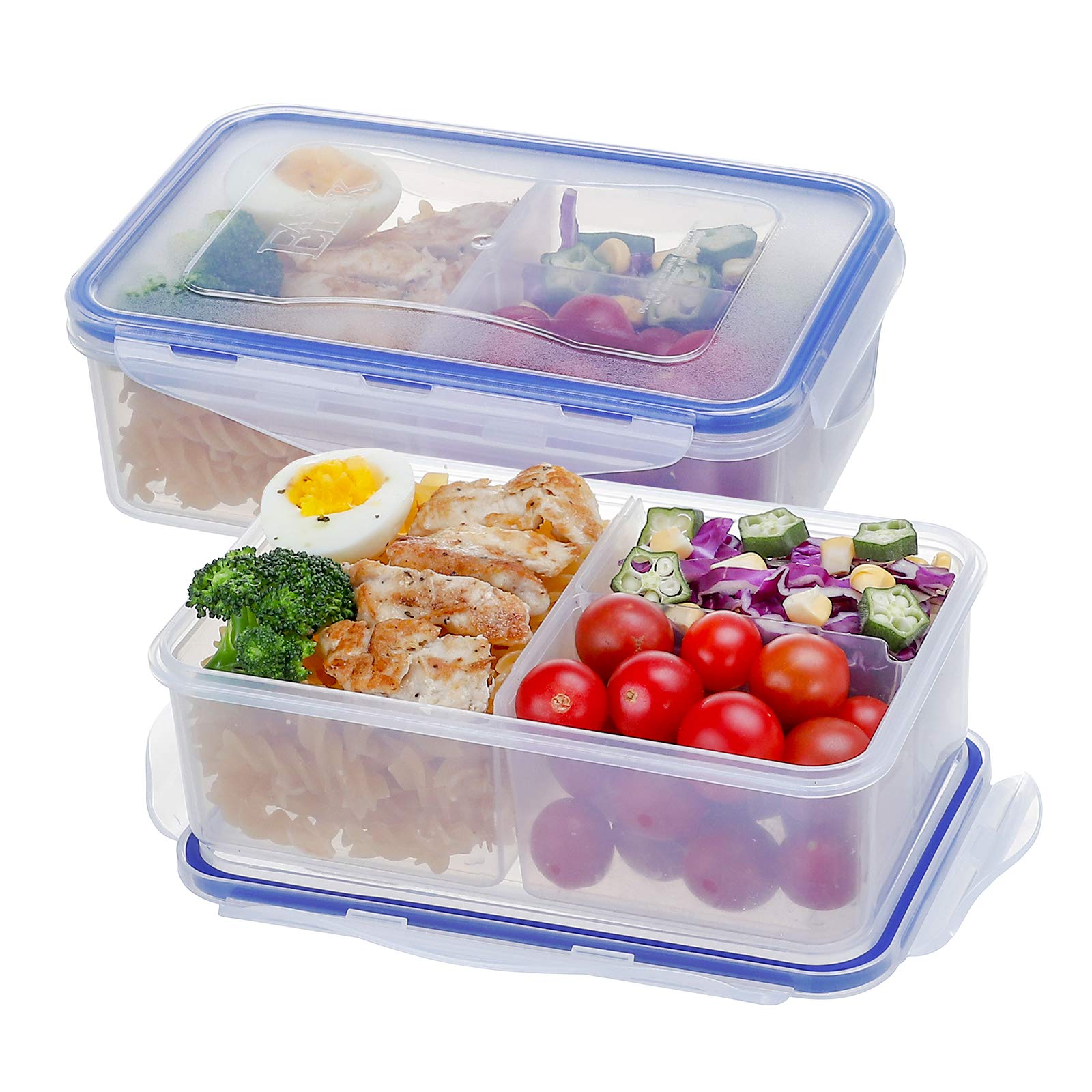 Kigi [2 Pack] 38.9Oz Rectangular Plastic Bento Box With 3 Compartments Airtight Food Storage Containers For Kitchen And Office